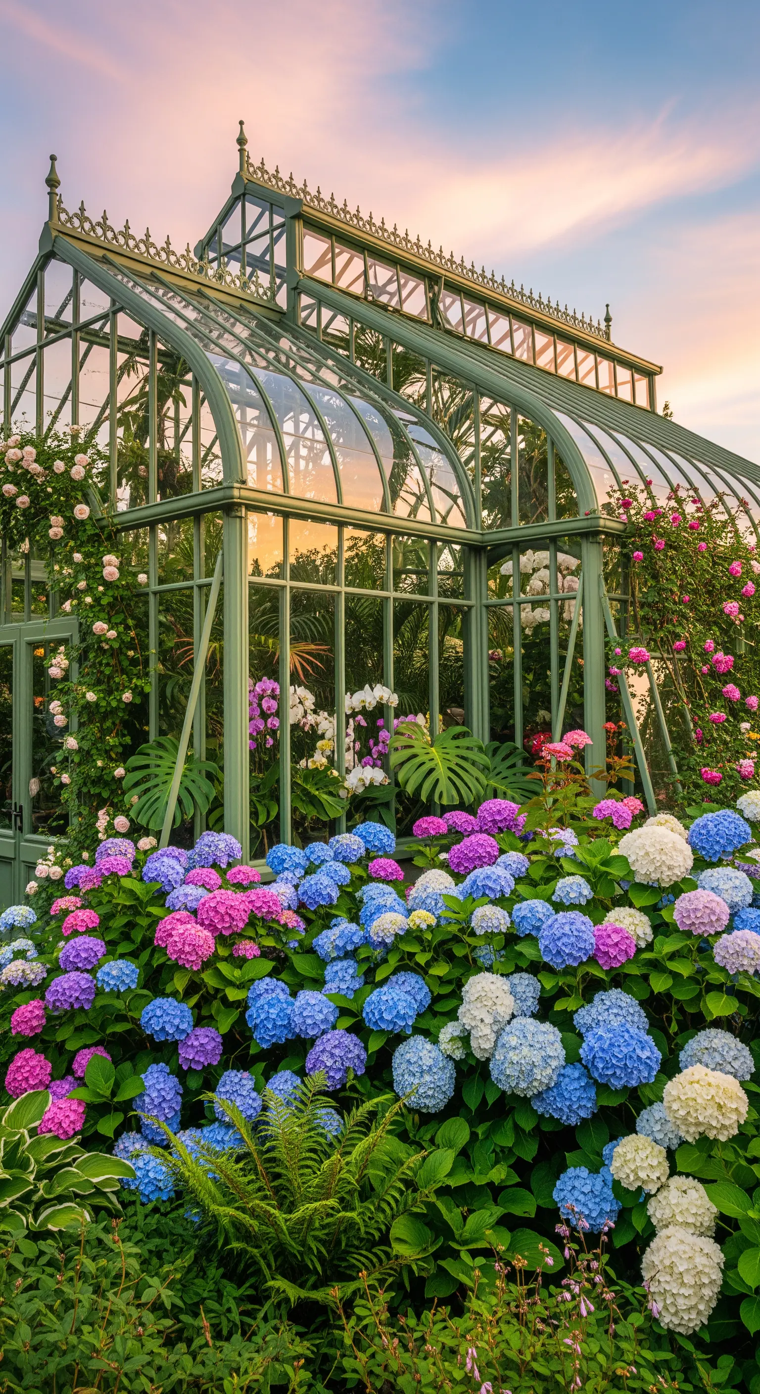 Grünes Gewächshaus umgeben von Hortensien und Rosen