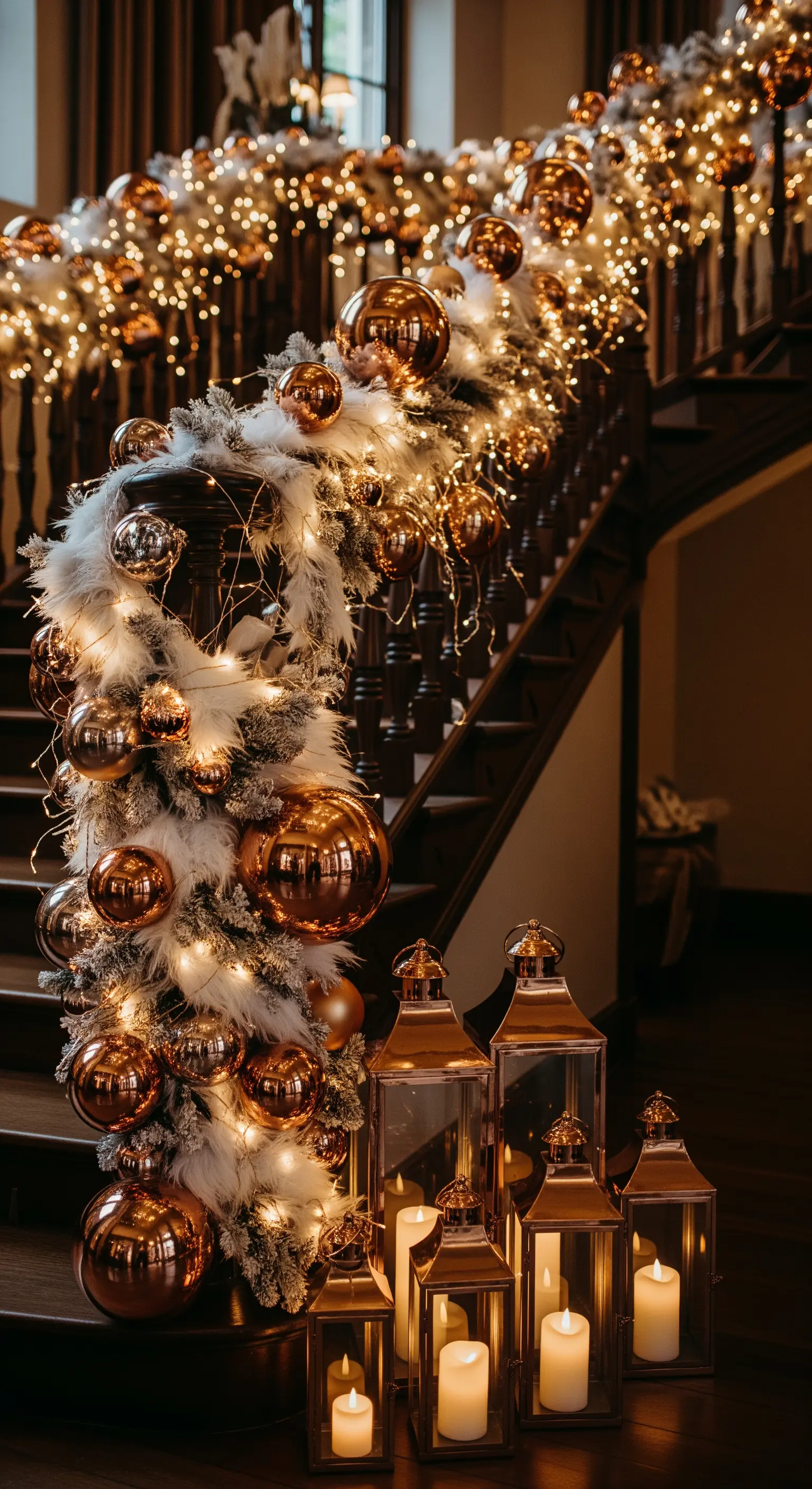 Treppengeländer mit beleuchteter Girlande und Kupferkugeln