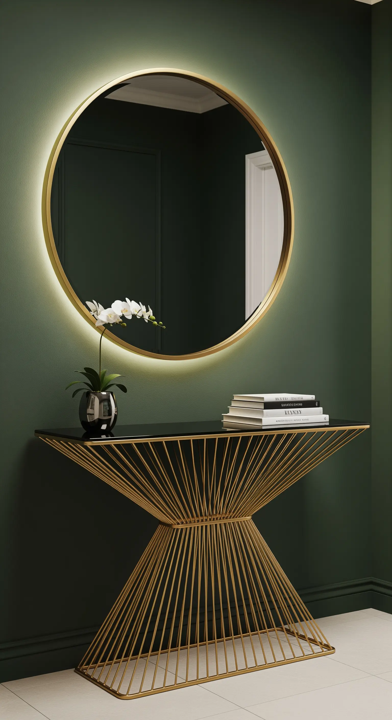 Runder Spiegel mit Hintergrundbeleuchtung über Konsole