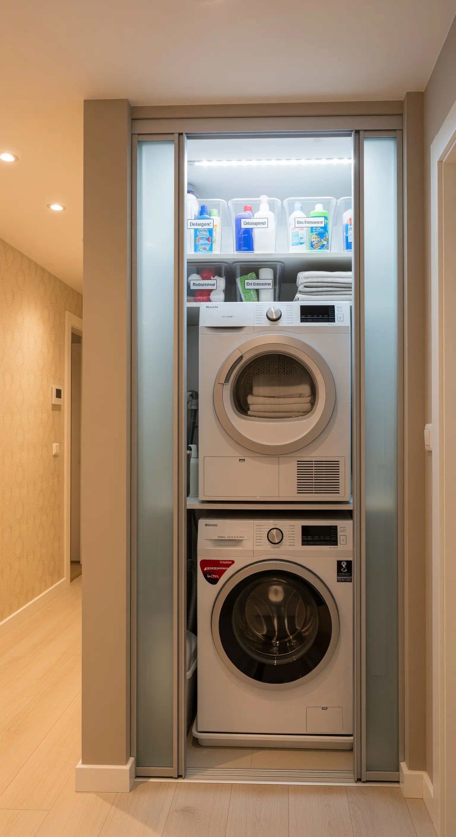 Waschmaschine und Trockner gestapelt hinter Milchglastüren