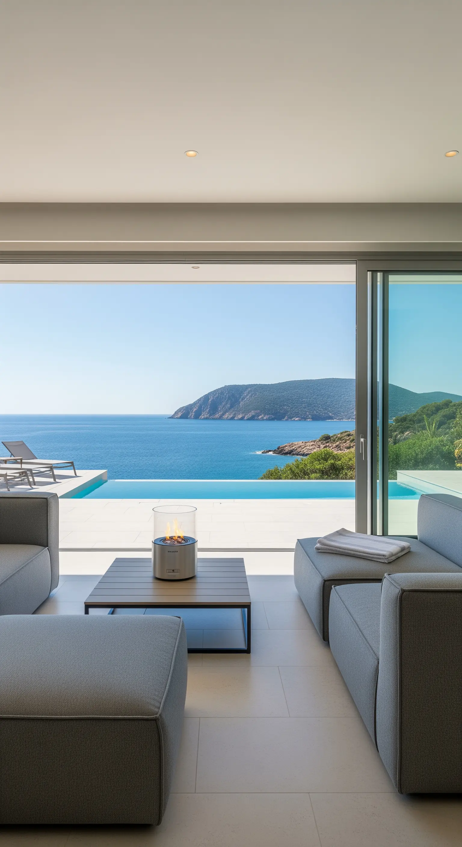 Wohnzimmer mit Meerblick und kleiner Tischfeuerstelle
