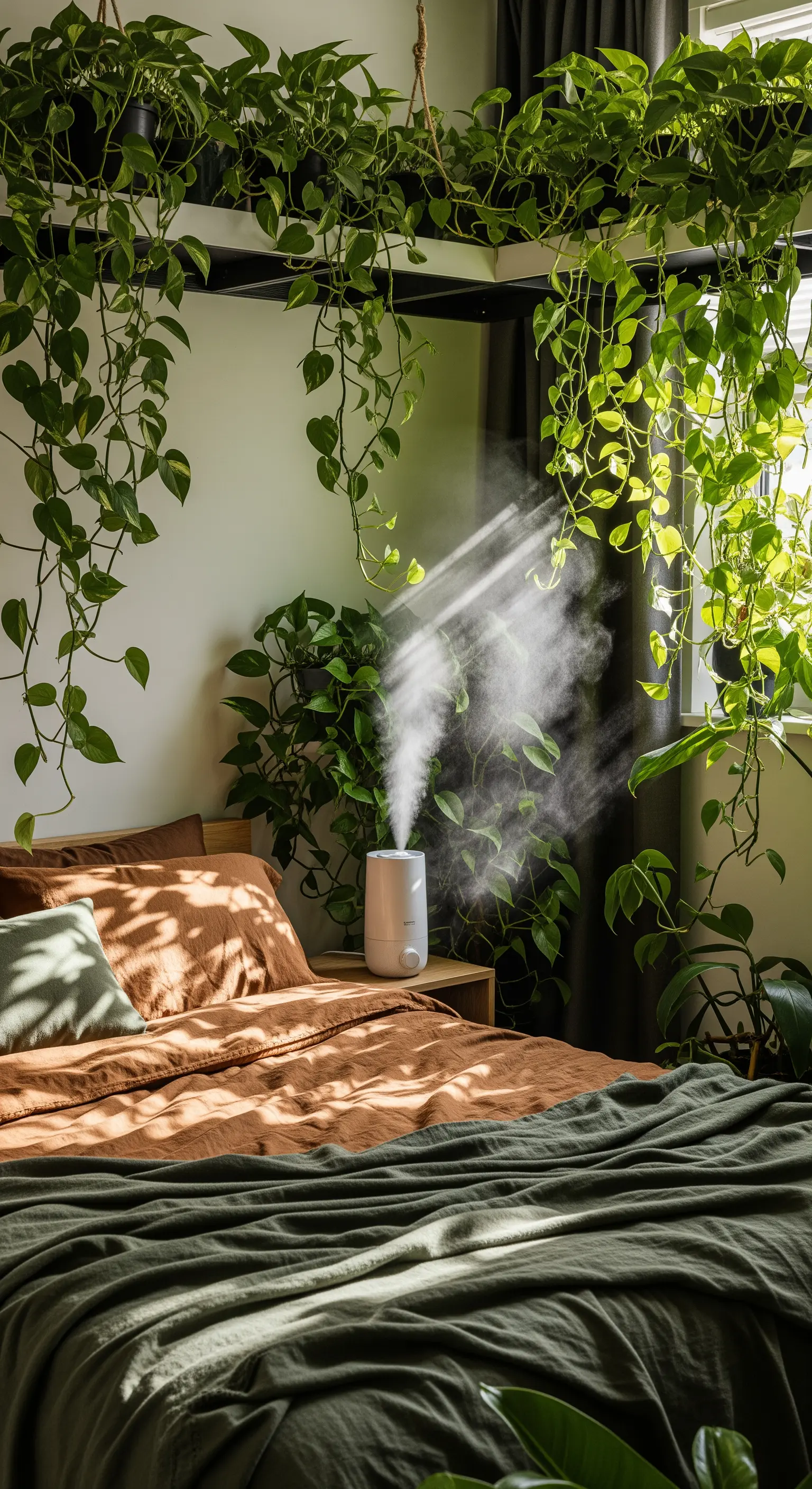 Pflanzenregal über Bett mit Luftbefeuchter