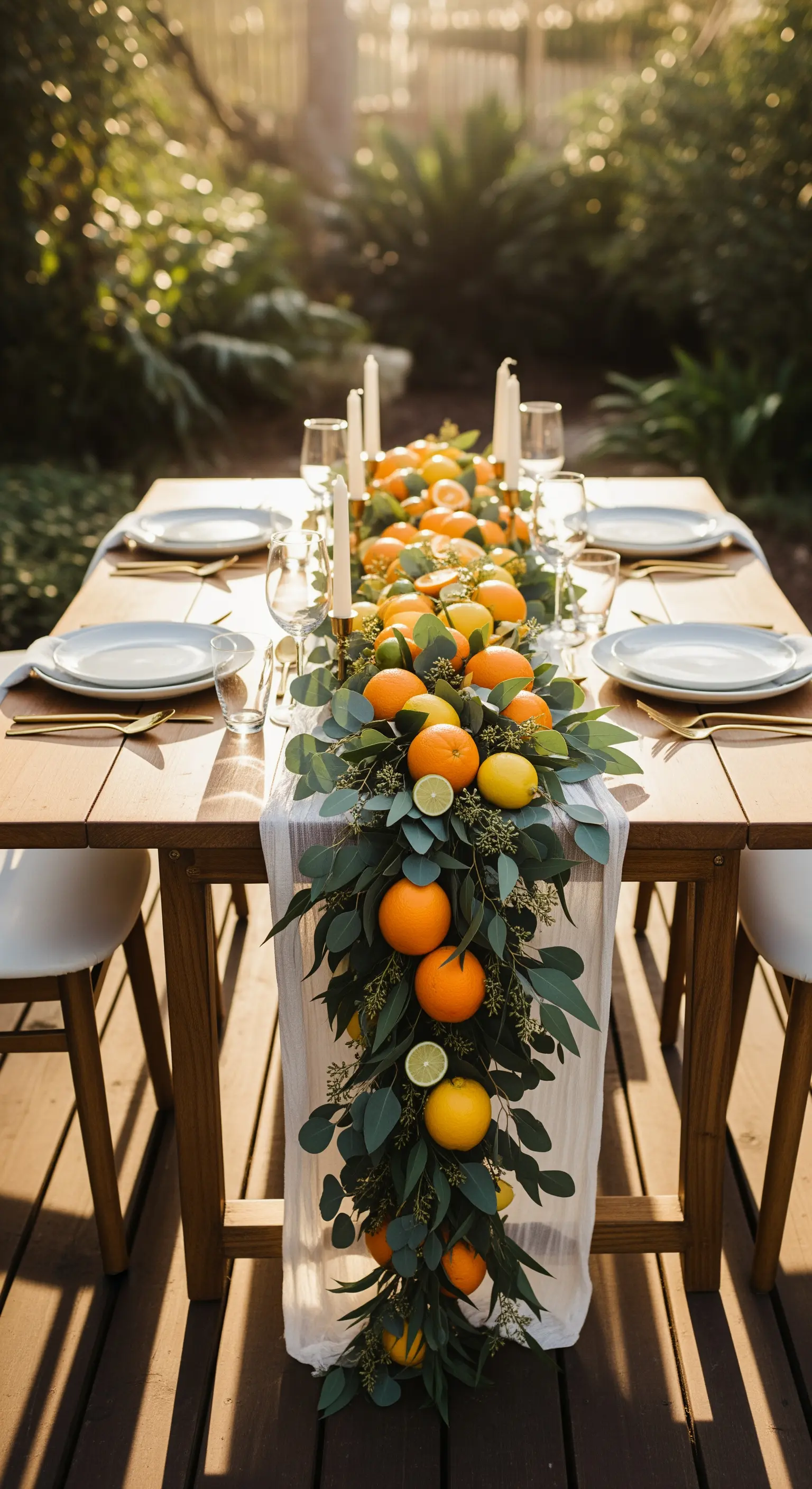 Tischgirlande aus Blättern und Orangen hängt herab