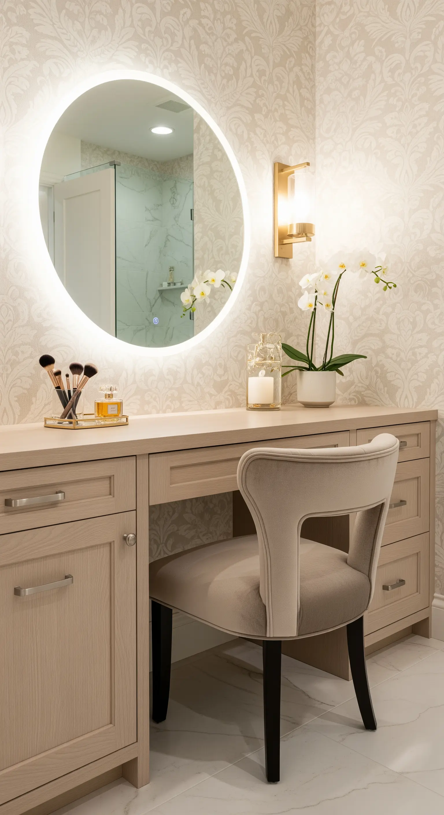 Schminktisch-Nische im Badezimmer mit Samtstuhl und Rundspiegel