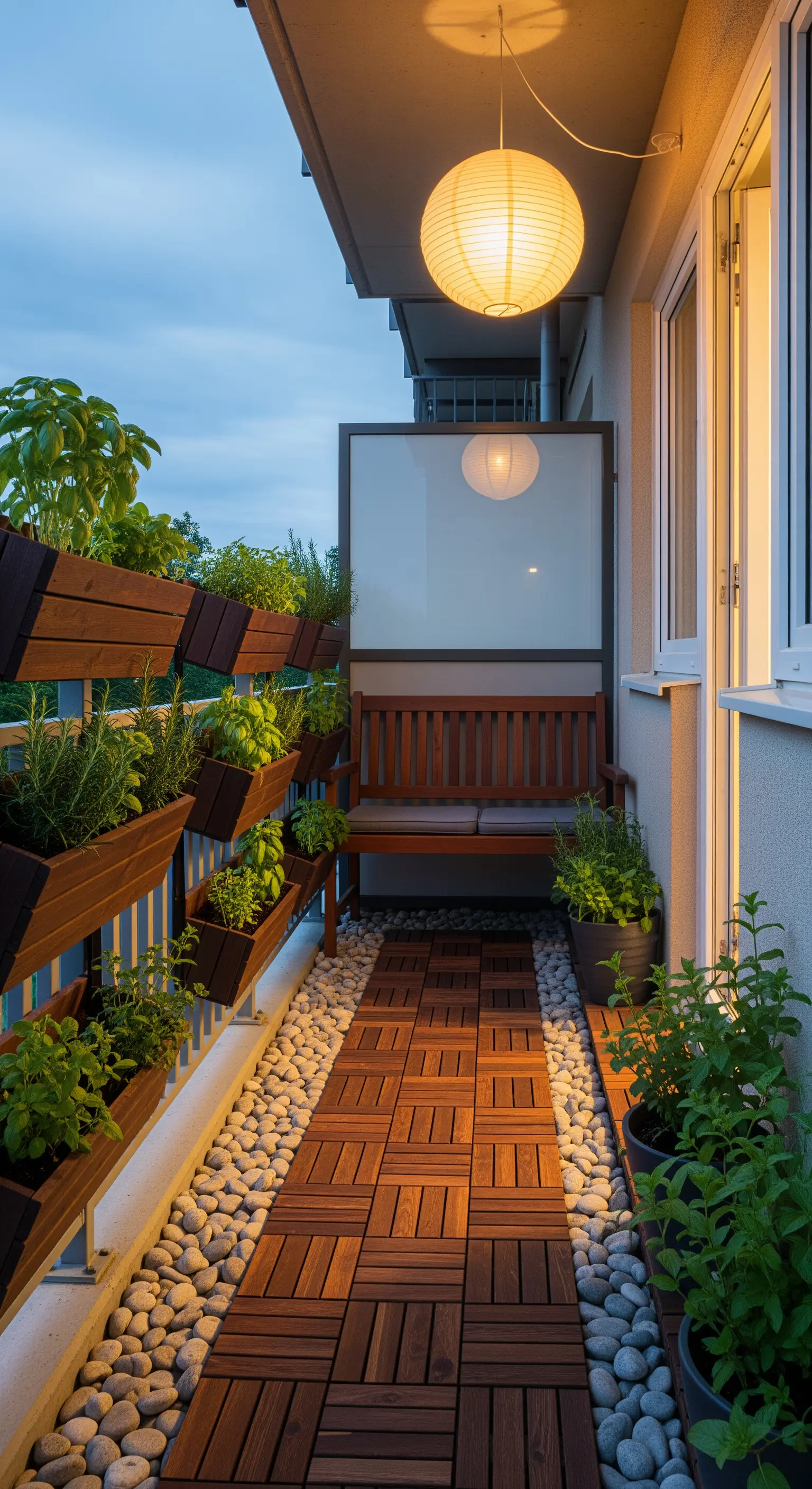 Schmaler Balkon mit Holzfliesen und Kiesrand