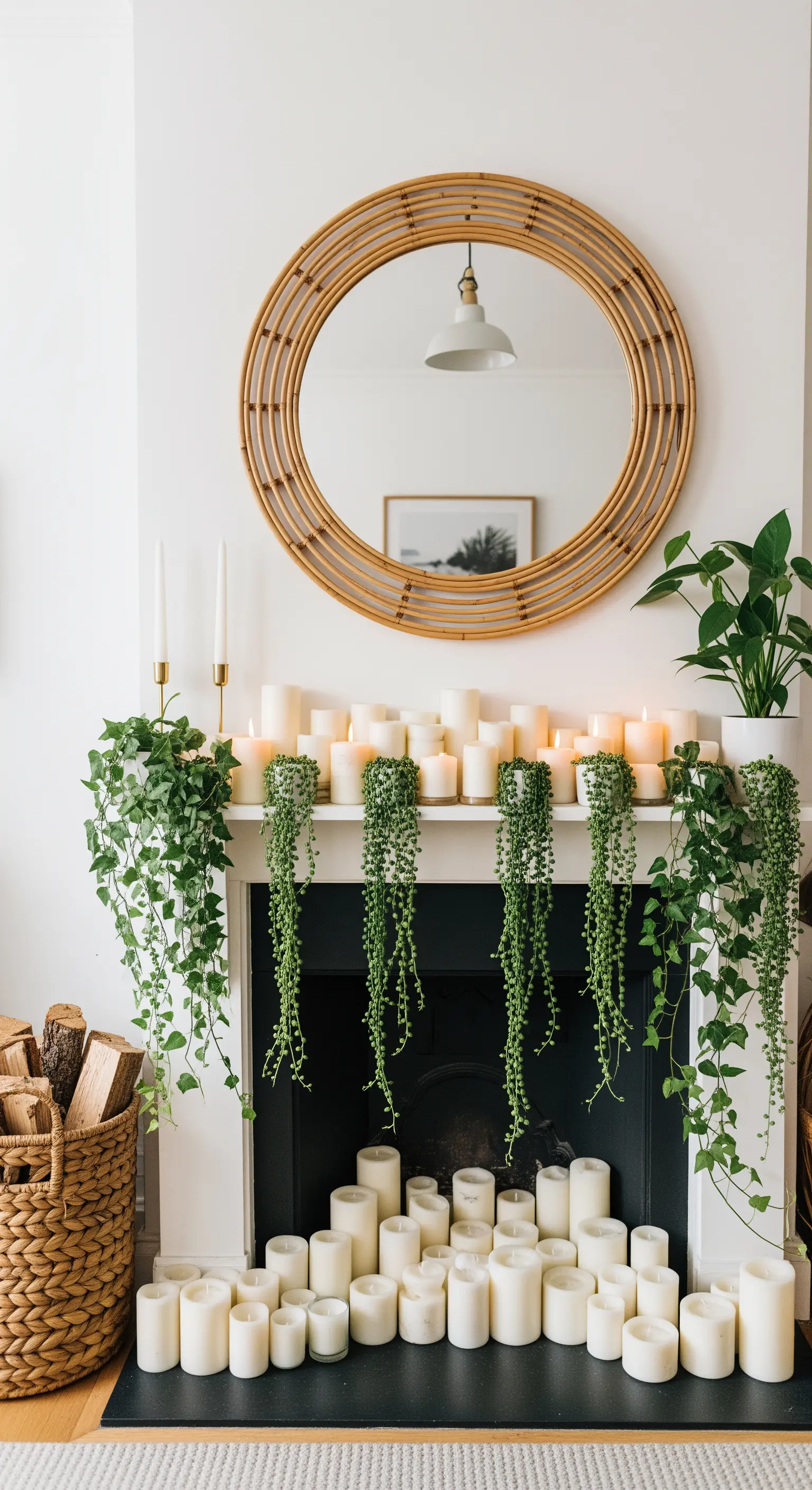 Weißer Kamin mit herabhängenden Erbsenpflanzen und Kerzen