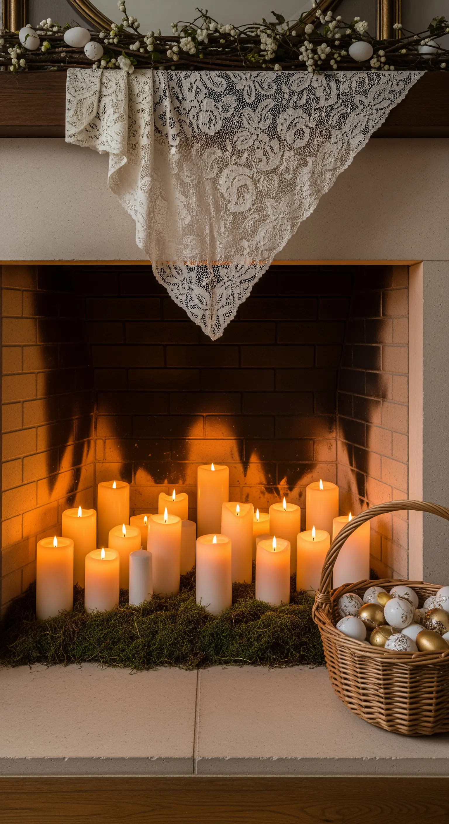 Kaminöffnung gefüllt mit vielen brennenden Kerzen und Moos