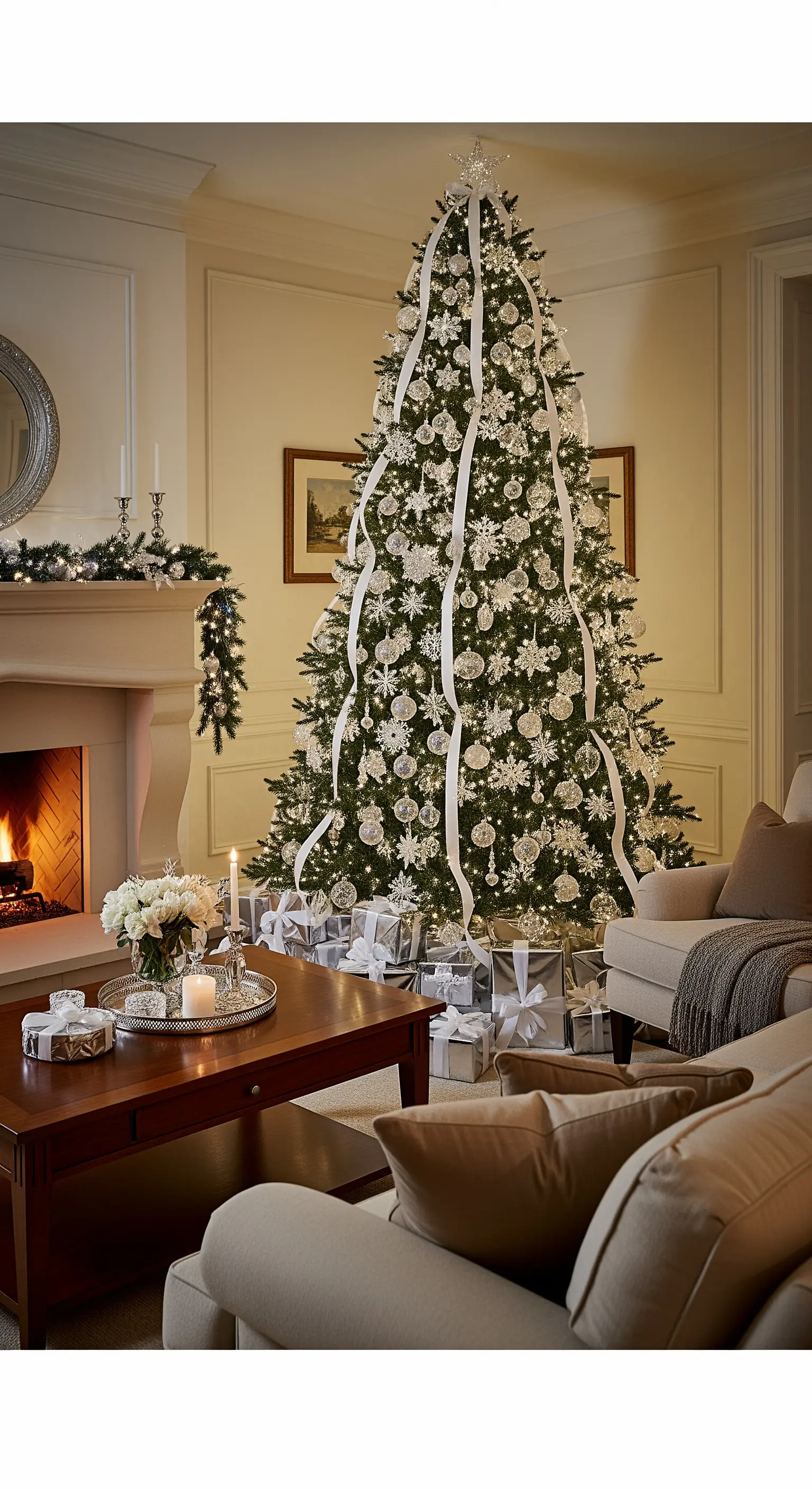 Weihnachtsbaum mit vertikalen Bändern und viel Silber