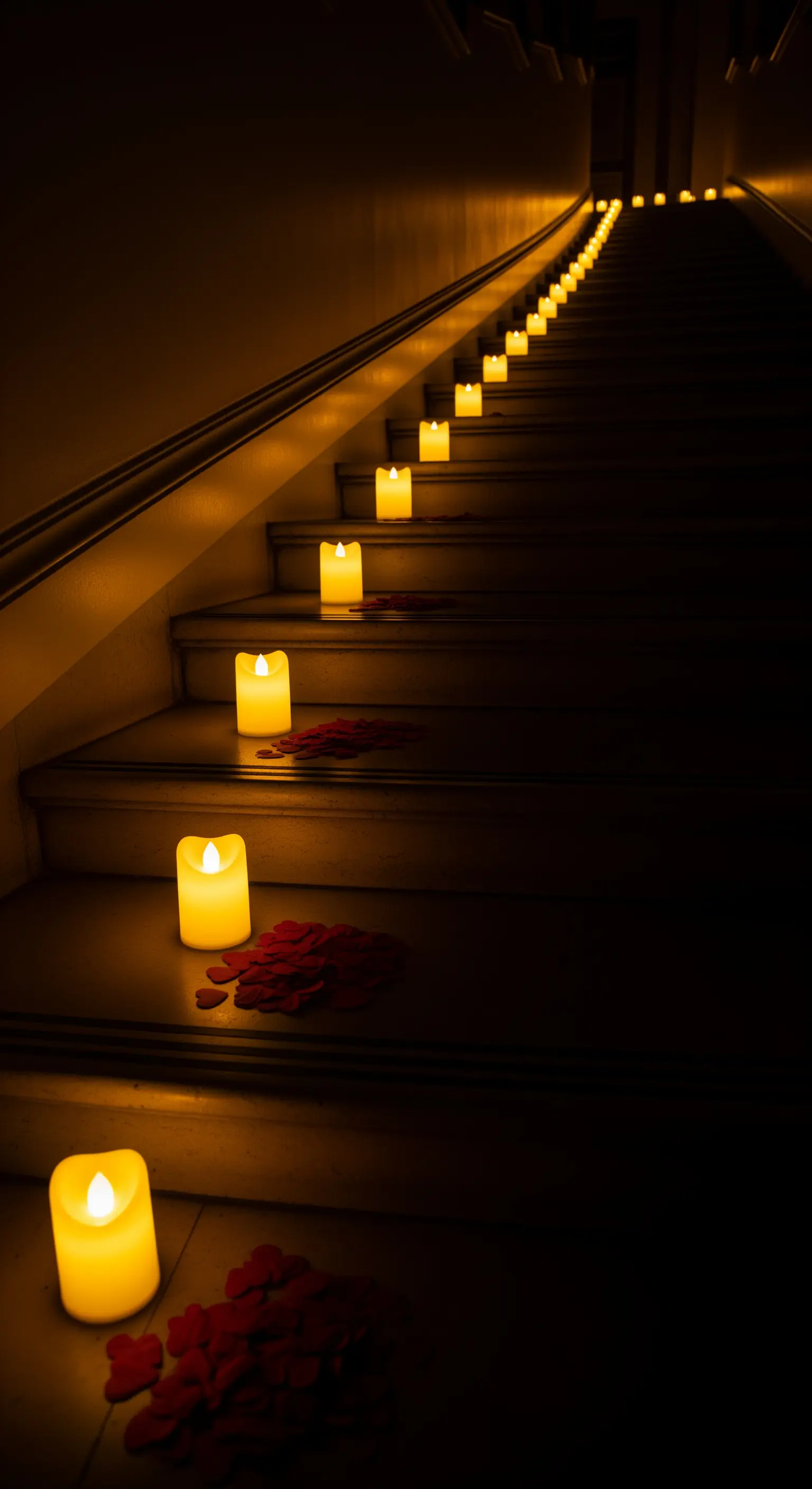 Dunkle Treppe beleuchtet mit LED-Kerzen und Rosenblättern