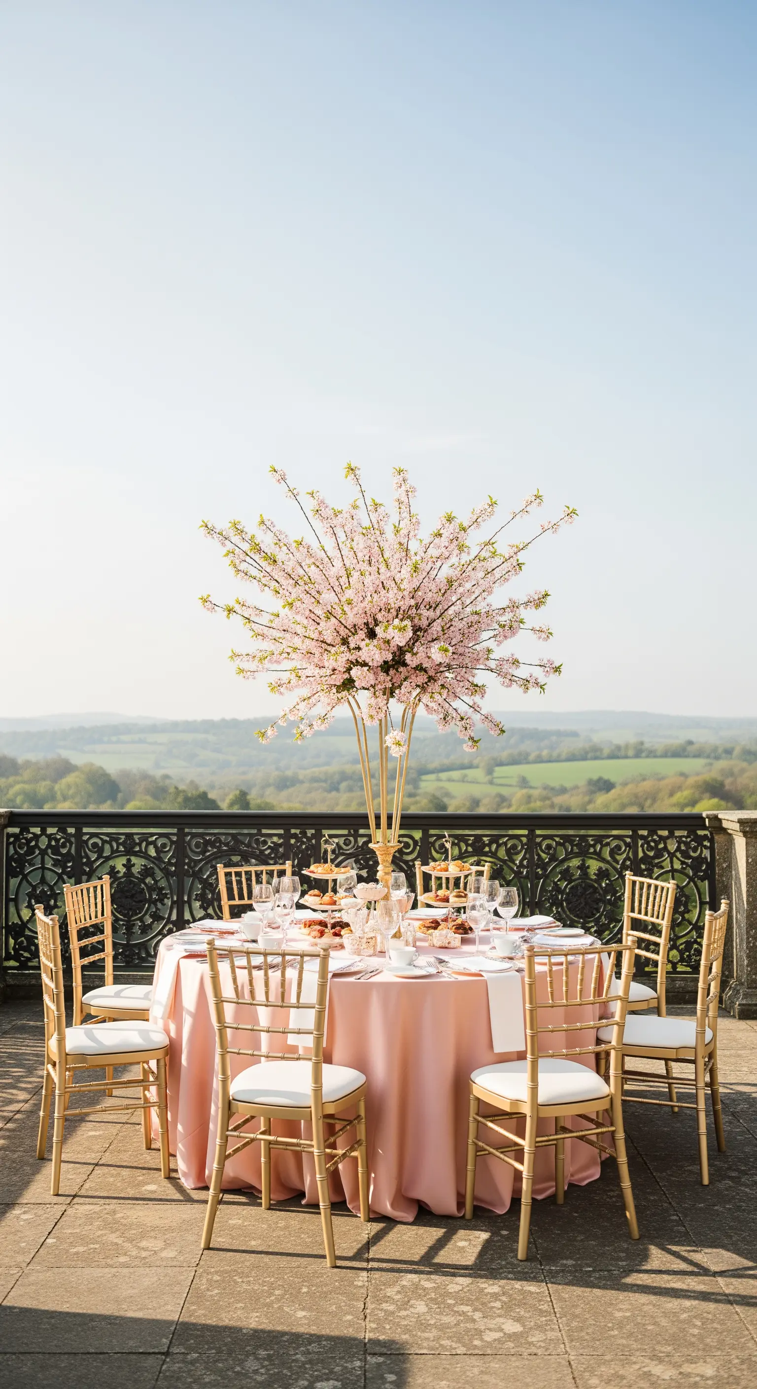 Runder Tisch mit rosa Decke und riesigem Kirschblüten-Centerpiece