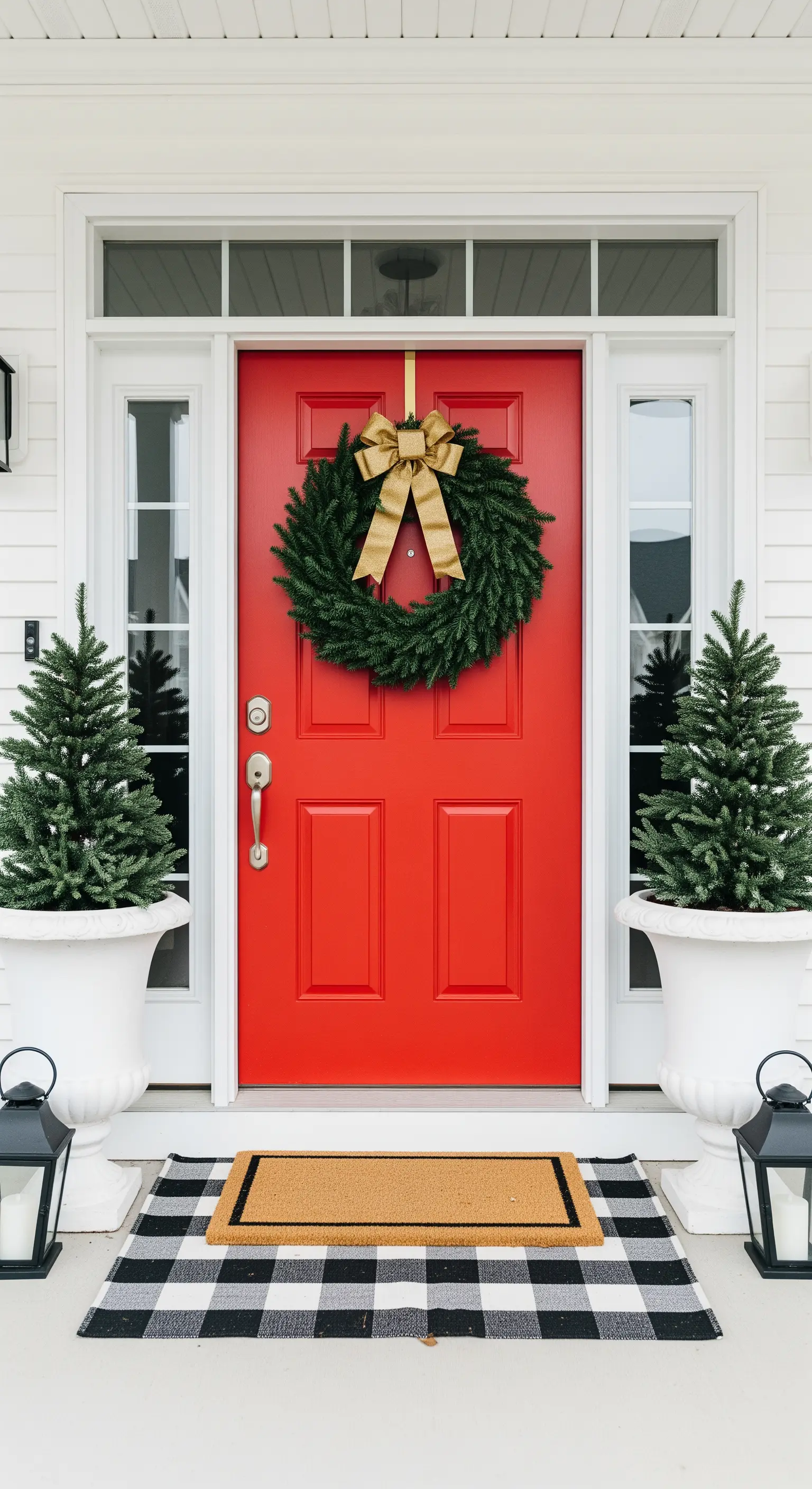 Rote Tür mit grünem Kranz und karierter Matte