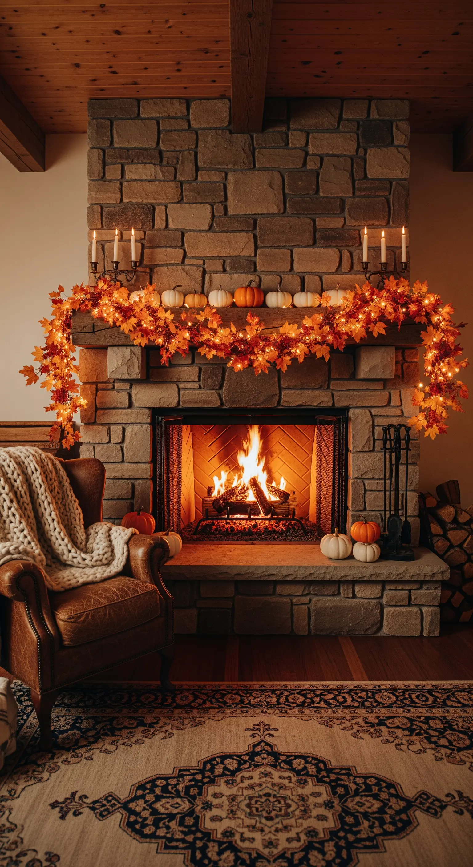 Herbstliche Kamingirlande mit beleuchtetem Ahornlaub und Kürbissen auf Steinkamin