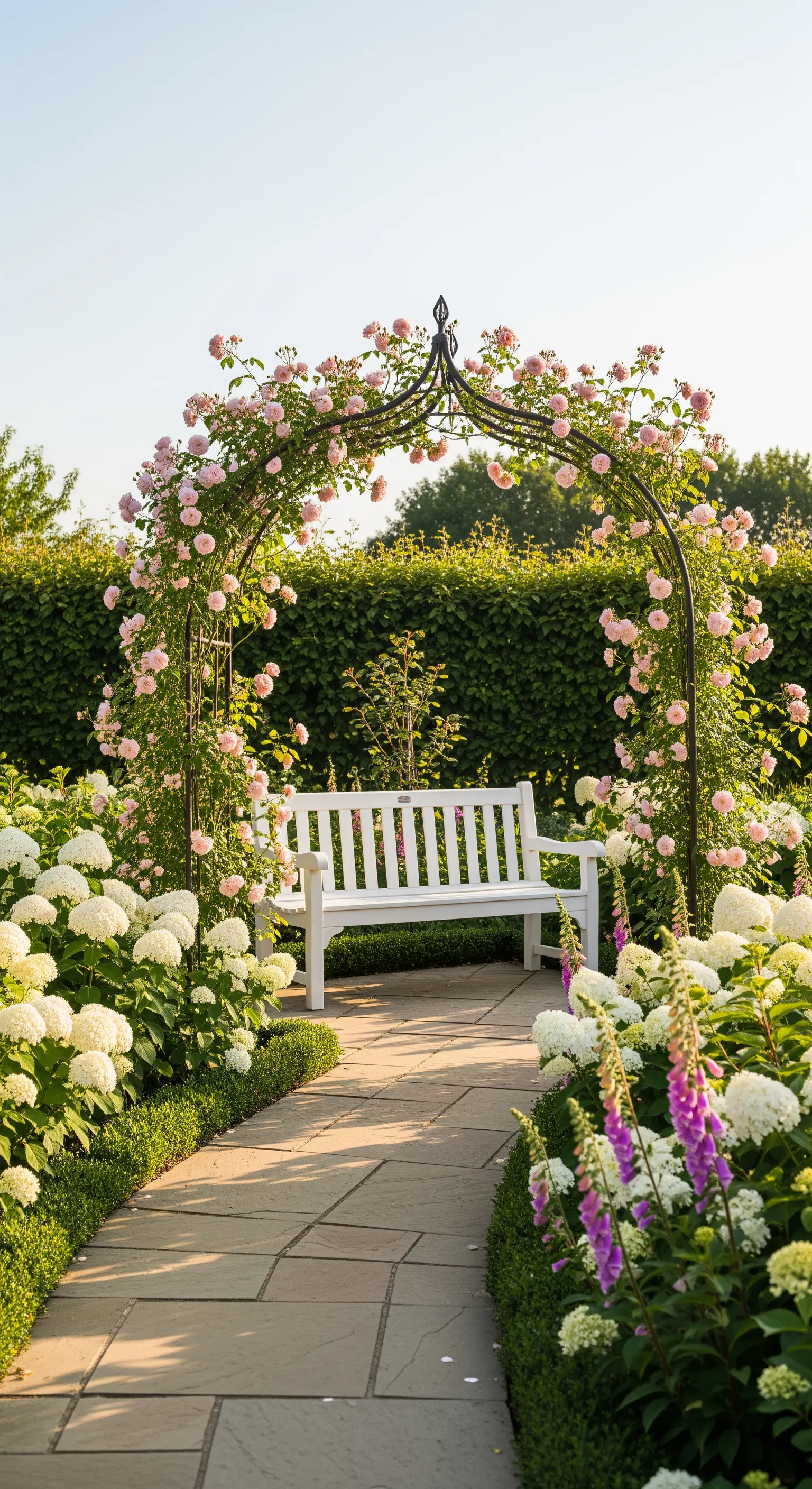 Rosenbogen mit rosa Blüten und weißen Hortensien