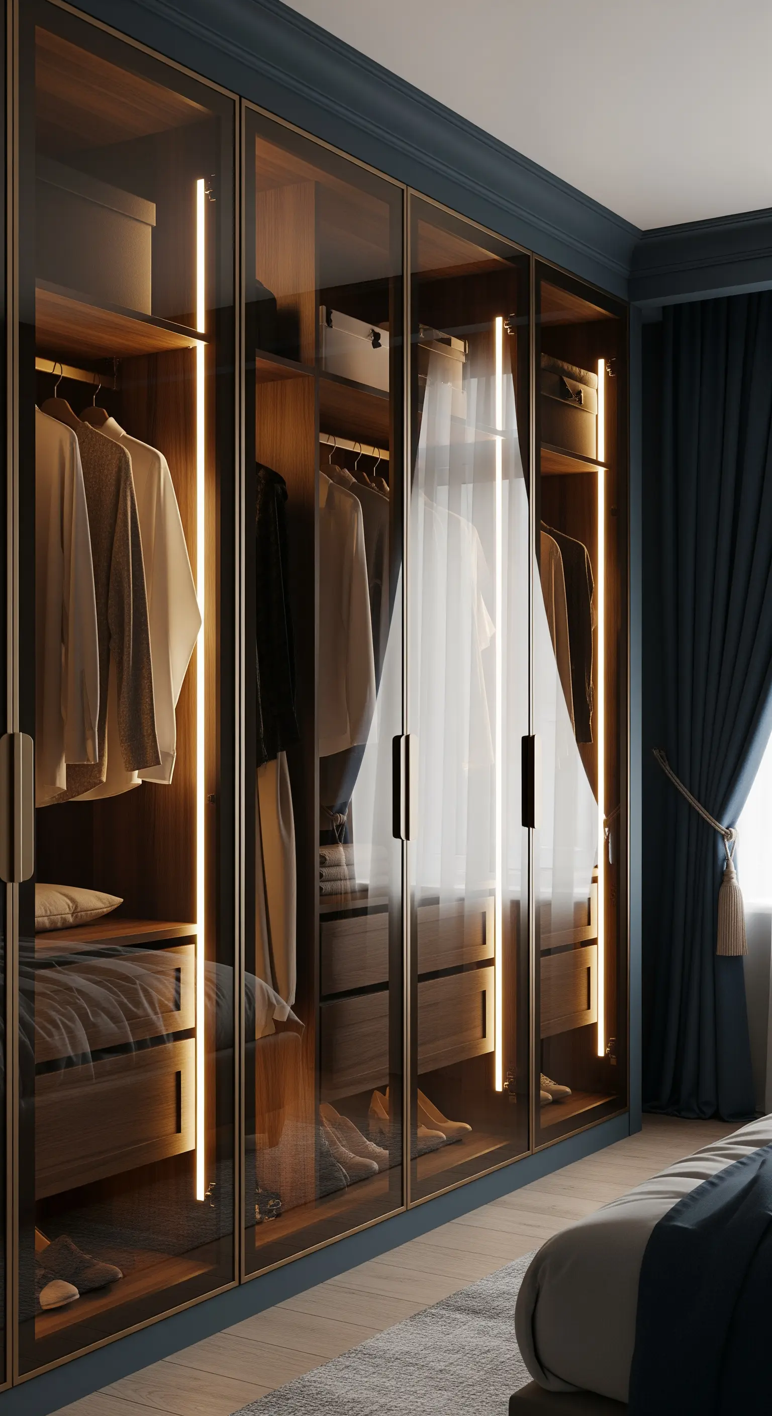 Beleuchteter Kleiderschrank mit Glastüren