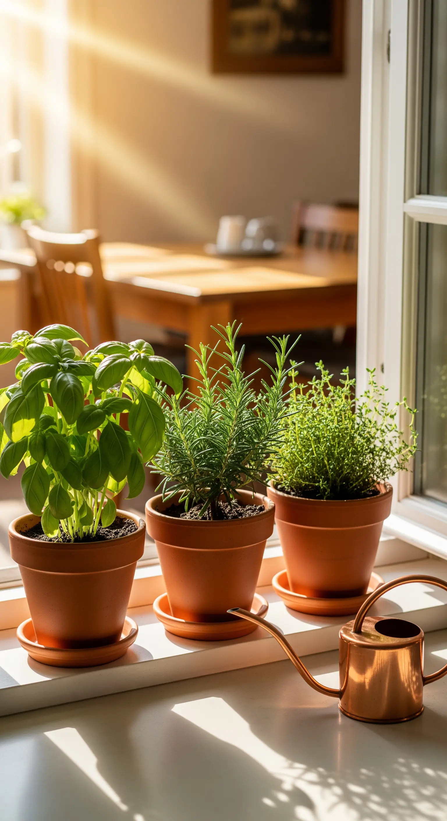 Fensterbank mit Kräutertöpfen im Sonnenlicht