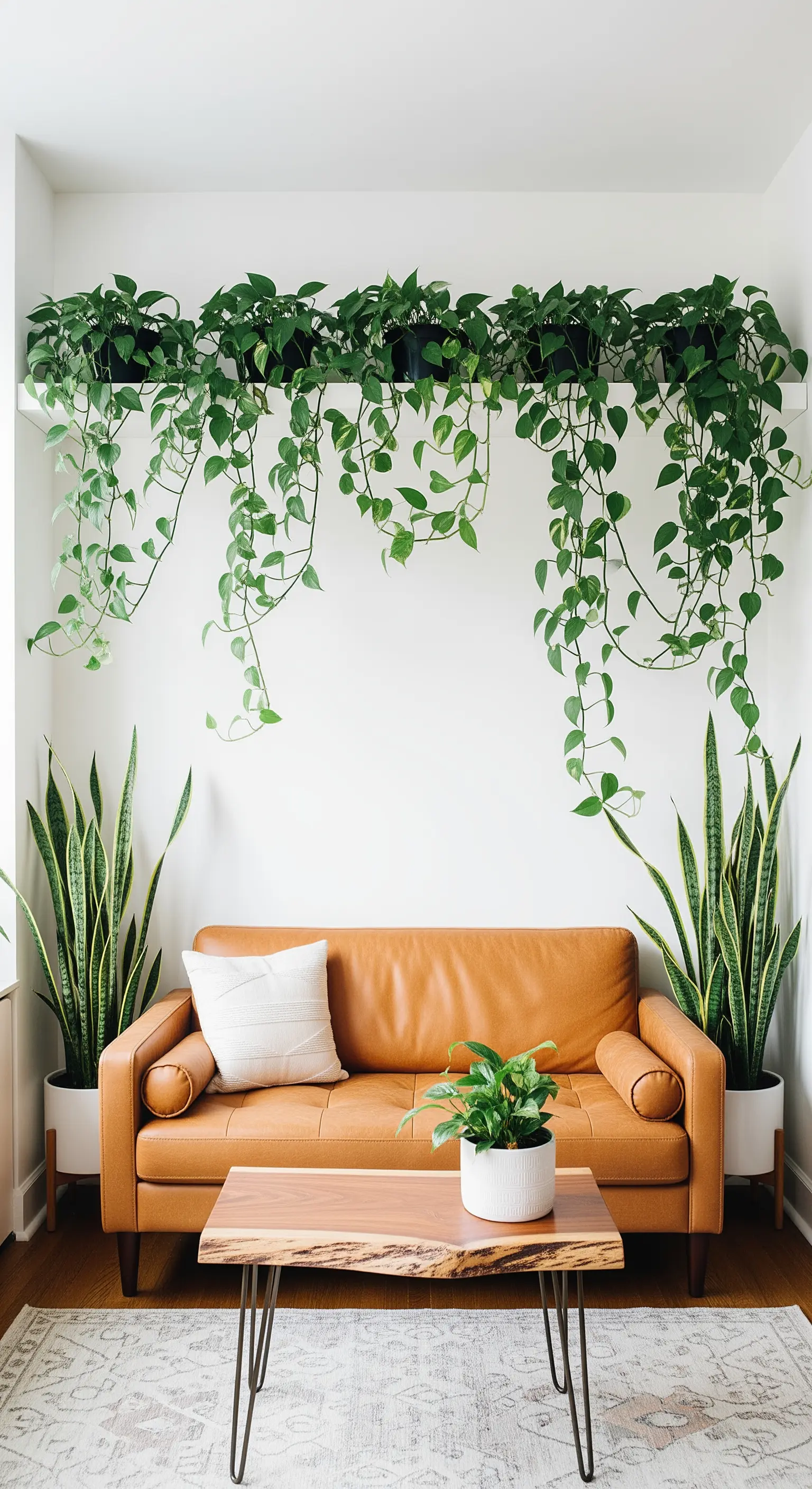 Leder-Sofa mit Regalbrett voller Hängepflanzen an der Wand