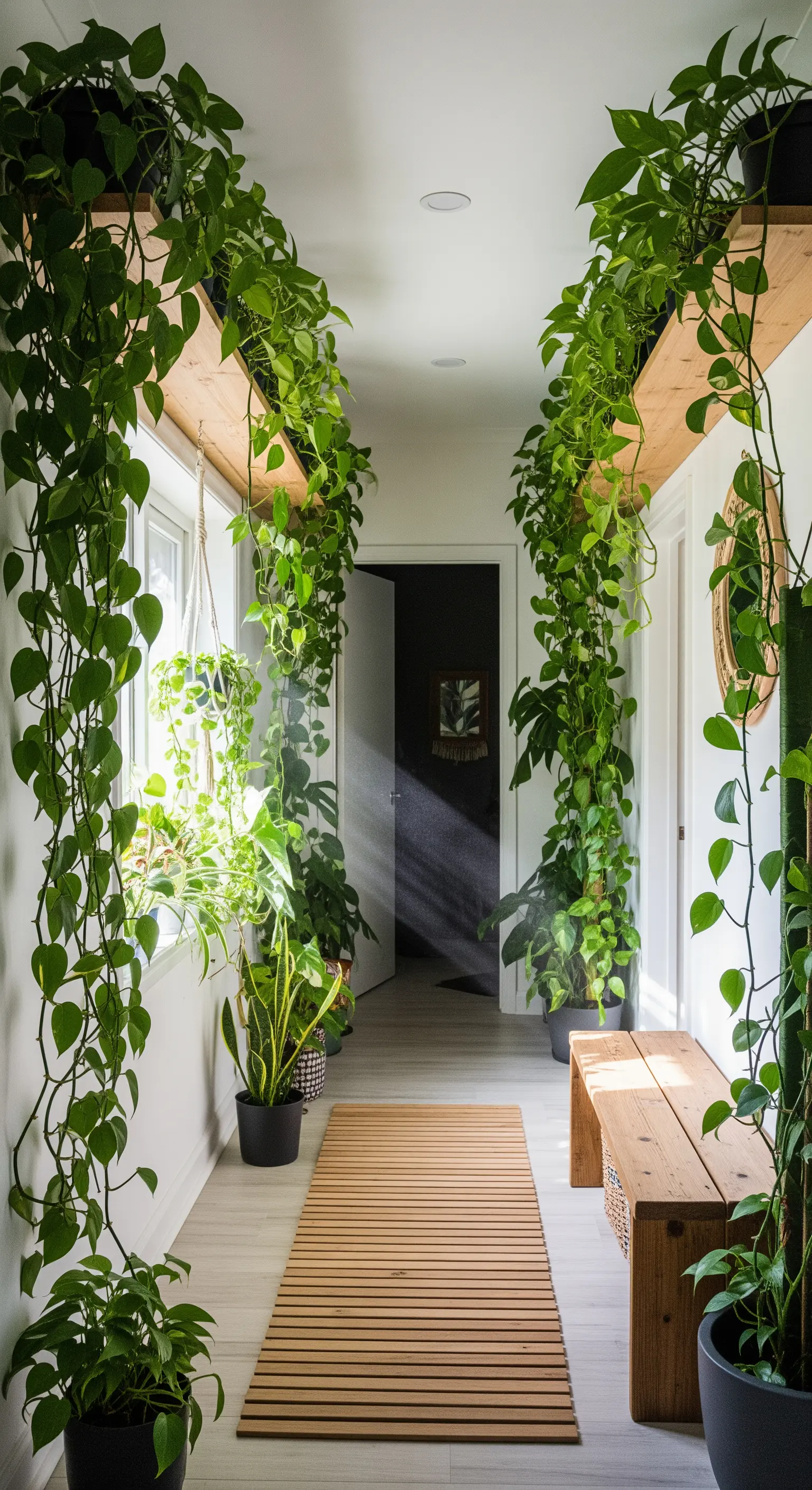 Flur mit Pflanzenregalen unter der Decke als grüner Tunnel