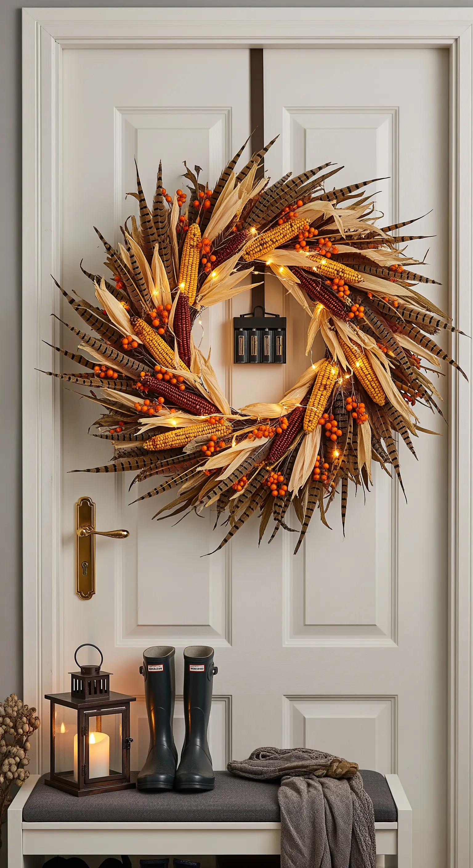 Haustür mit Kranz aus Mais und Federn, beleuchtet, darunter Laterne und Gummistiefel