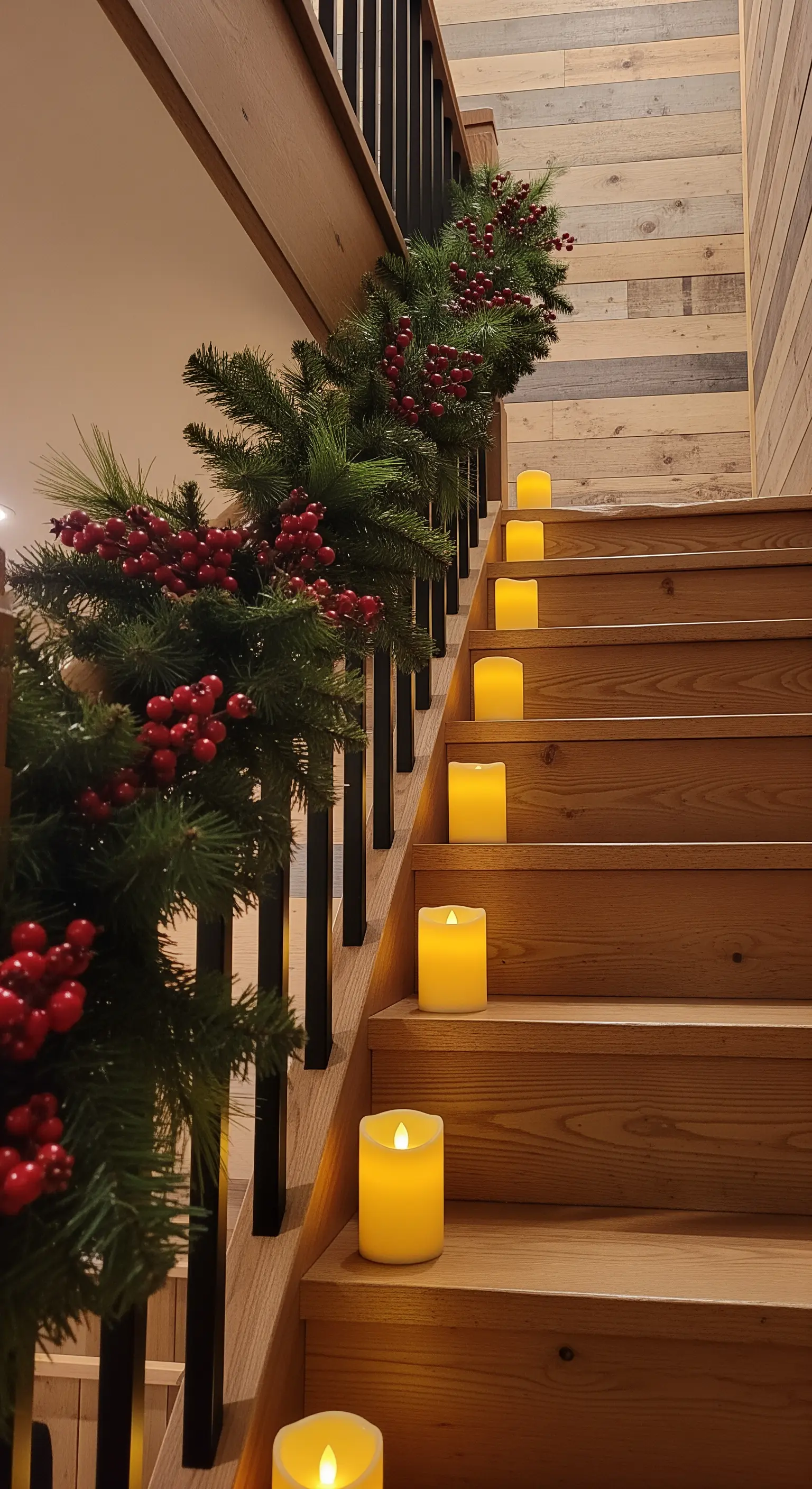Holztreppe mit Tannengirlande am Geländer und Kerzen auf Stufen