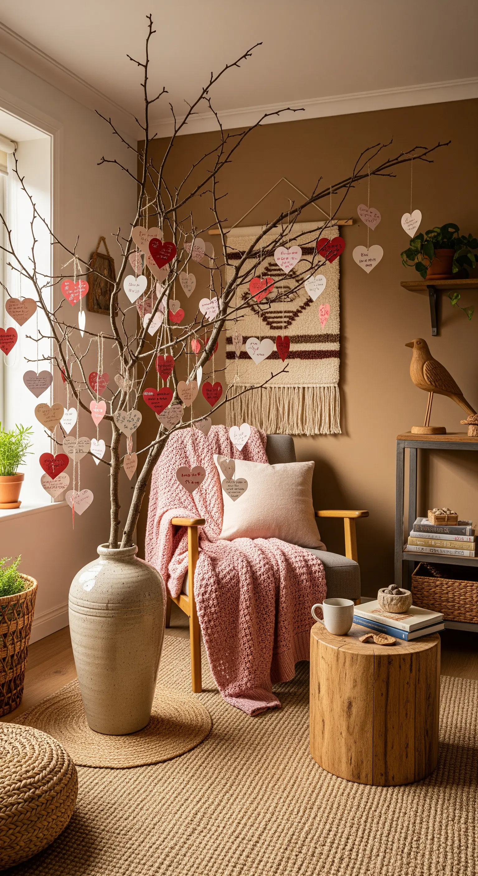 Großer Ast in Vase behangen mit Papierherzen im Wohnzimmer