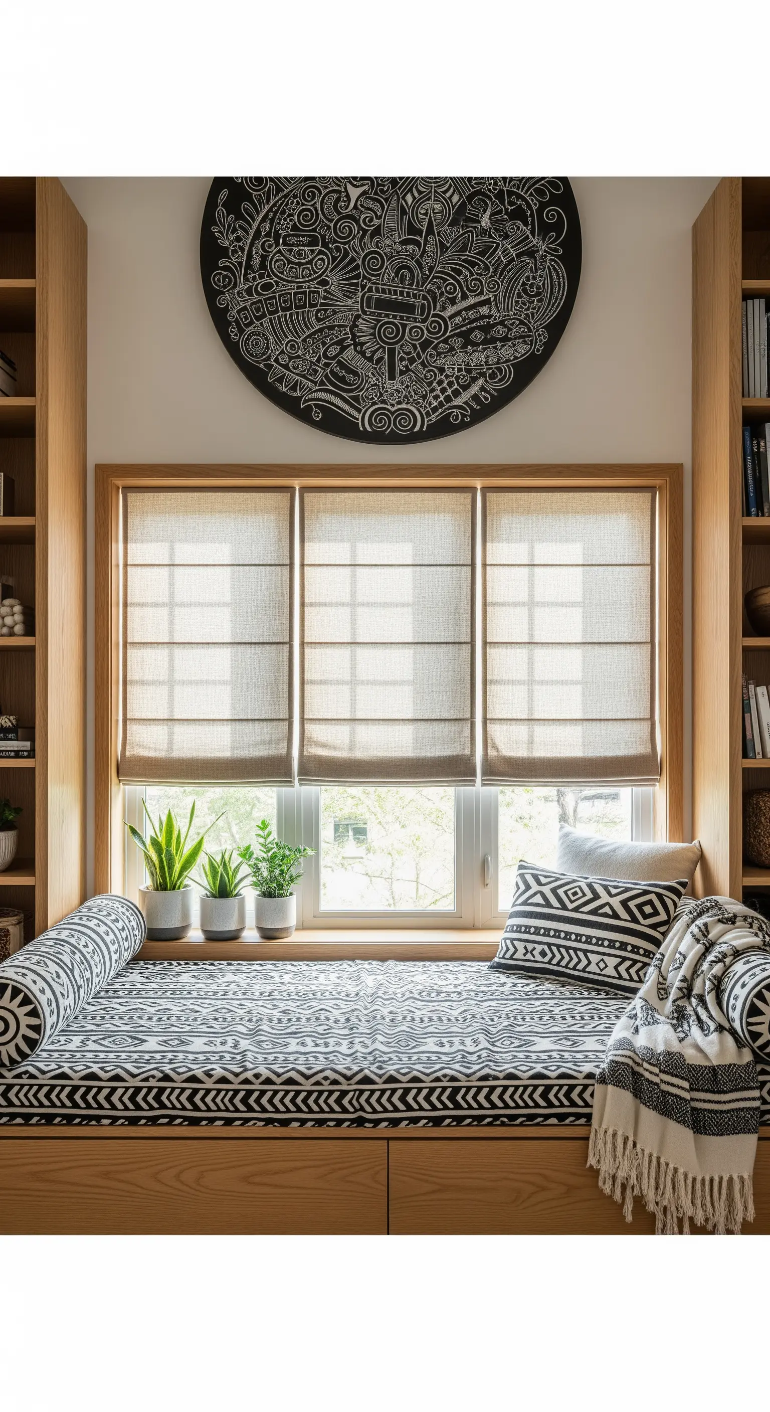 Fenstersitzbank mit gemusterten Kissen und Leinenrollos