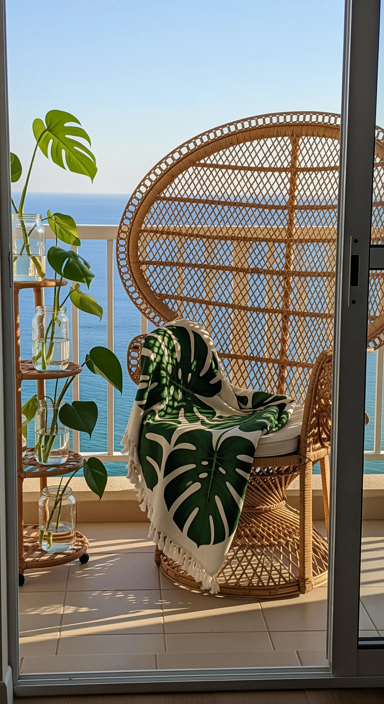 Großer Rattan-Pfauensessel mit Monstera-Decke und Glasvasen mit Ablegern