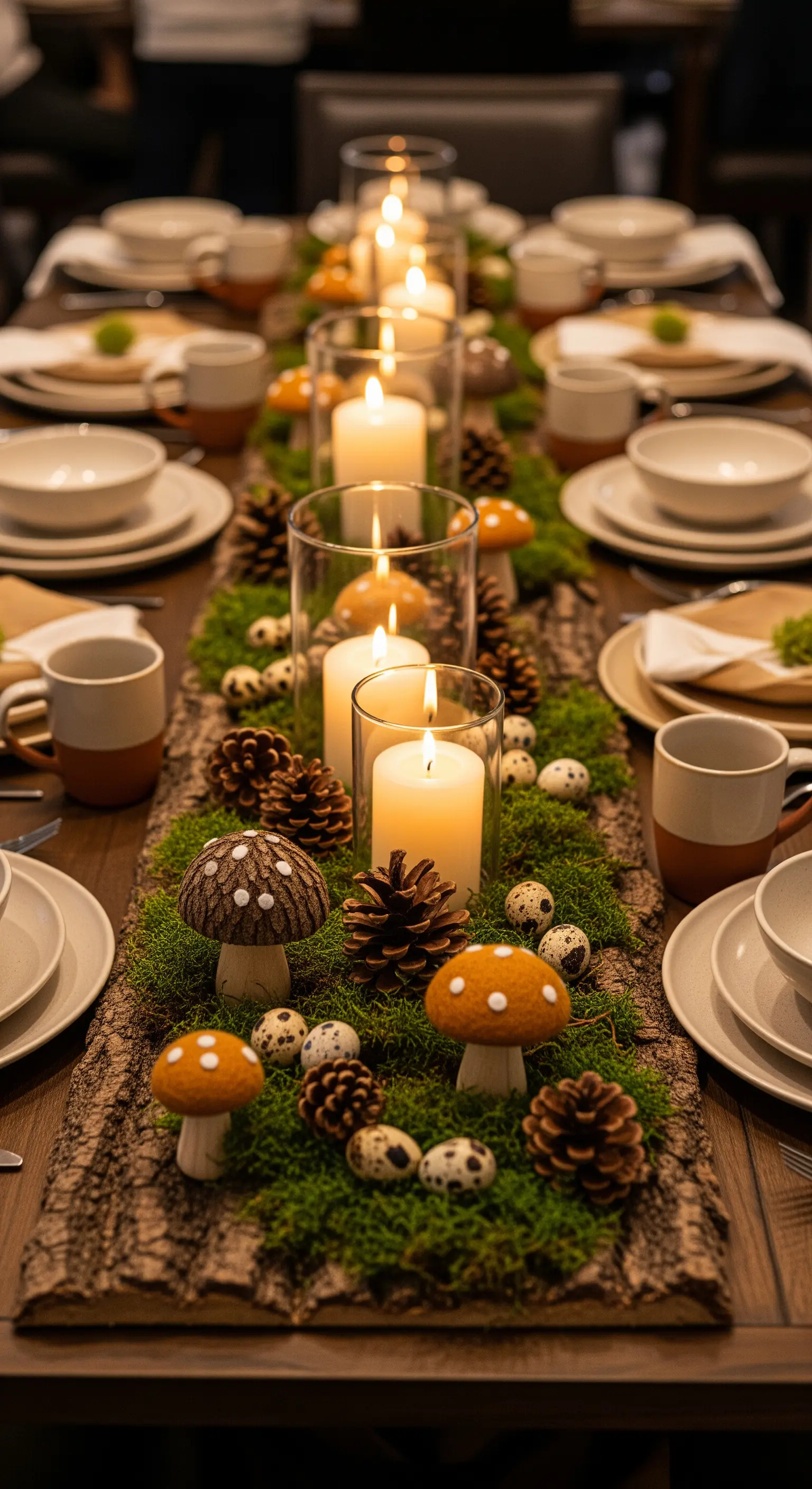 Tischdeko auf Rindenbrett mit Moos, Pilzen aus Filz und Kerzen im Wald-Look