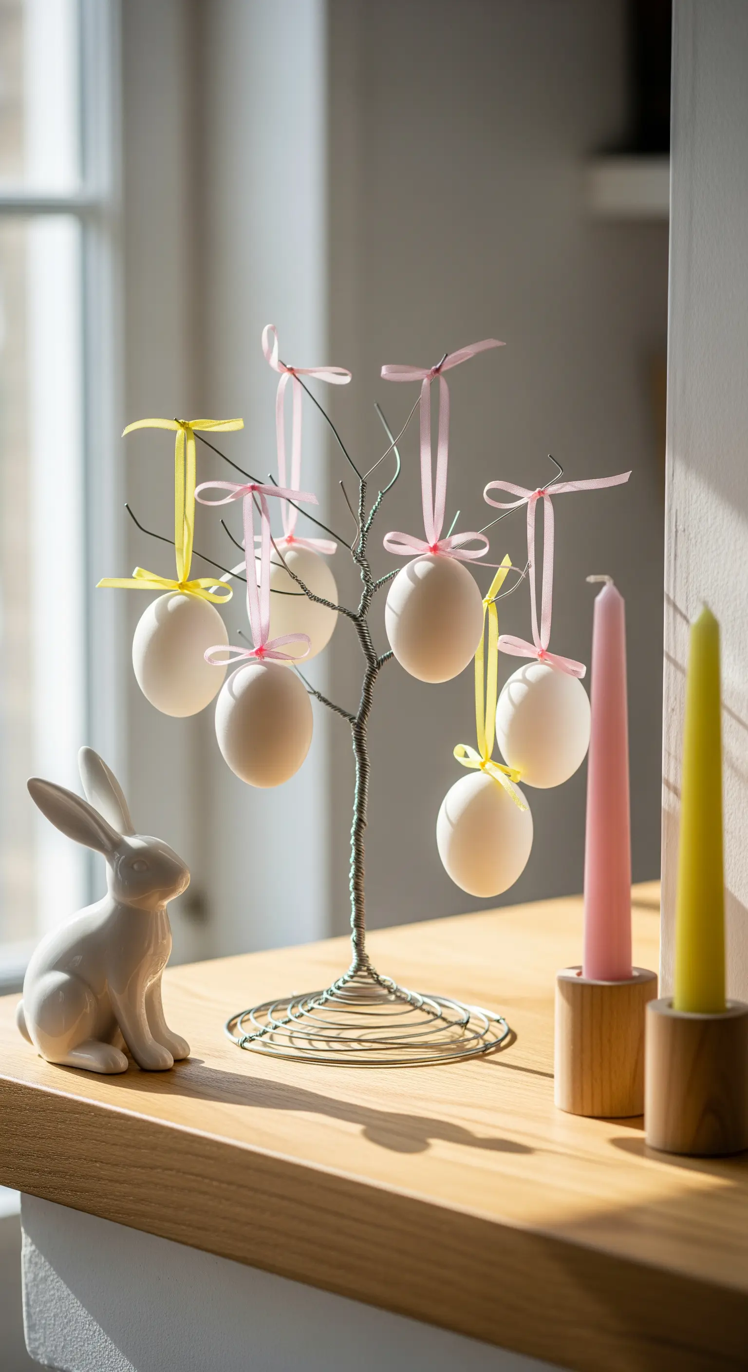 Drahtbaum mit weißen Eiern und gelben Bändern, Keramikhase