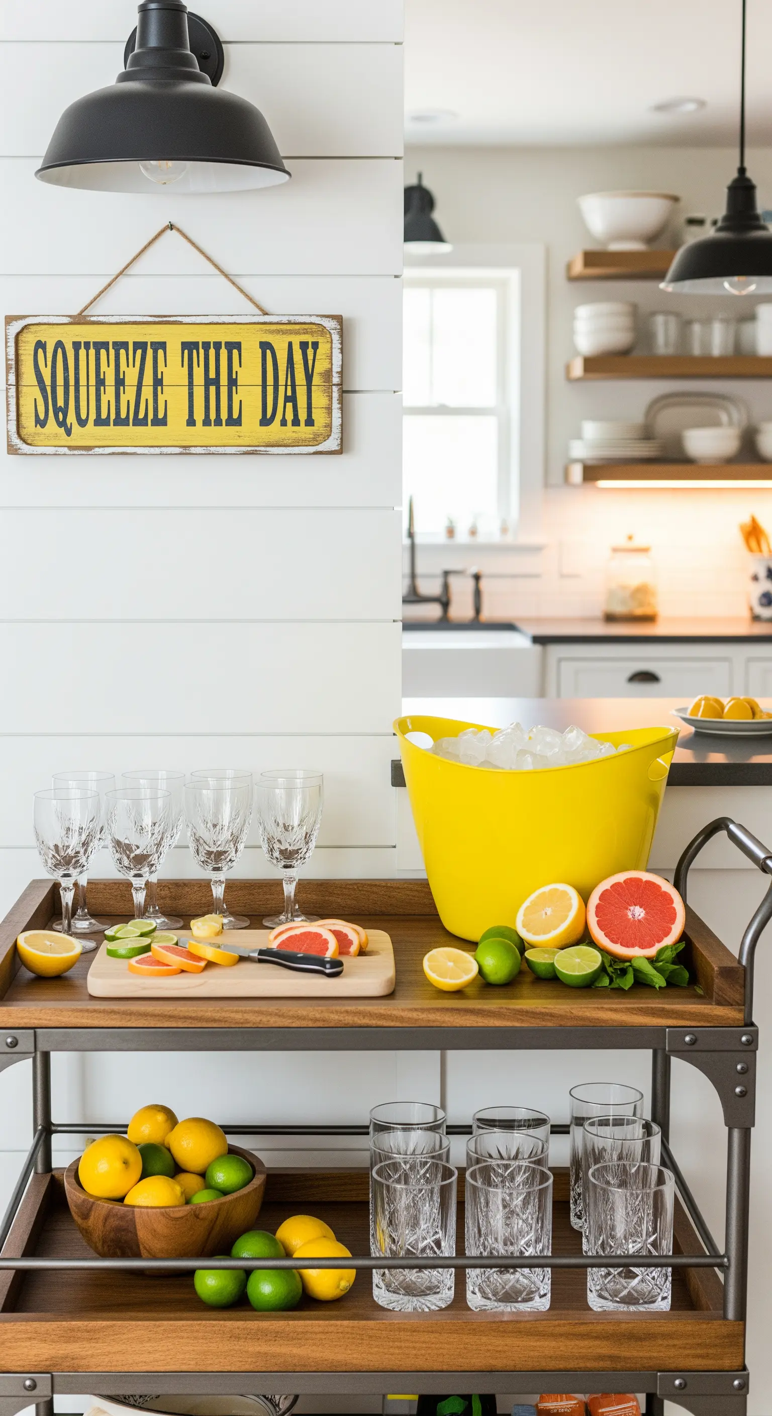 Servierwagen mit gelbem Eiskühler und Zitrusfrüchten