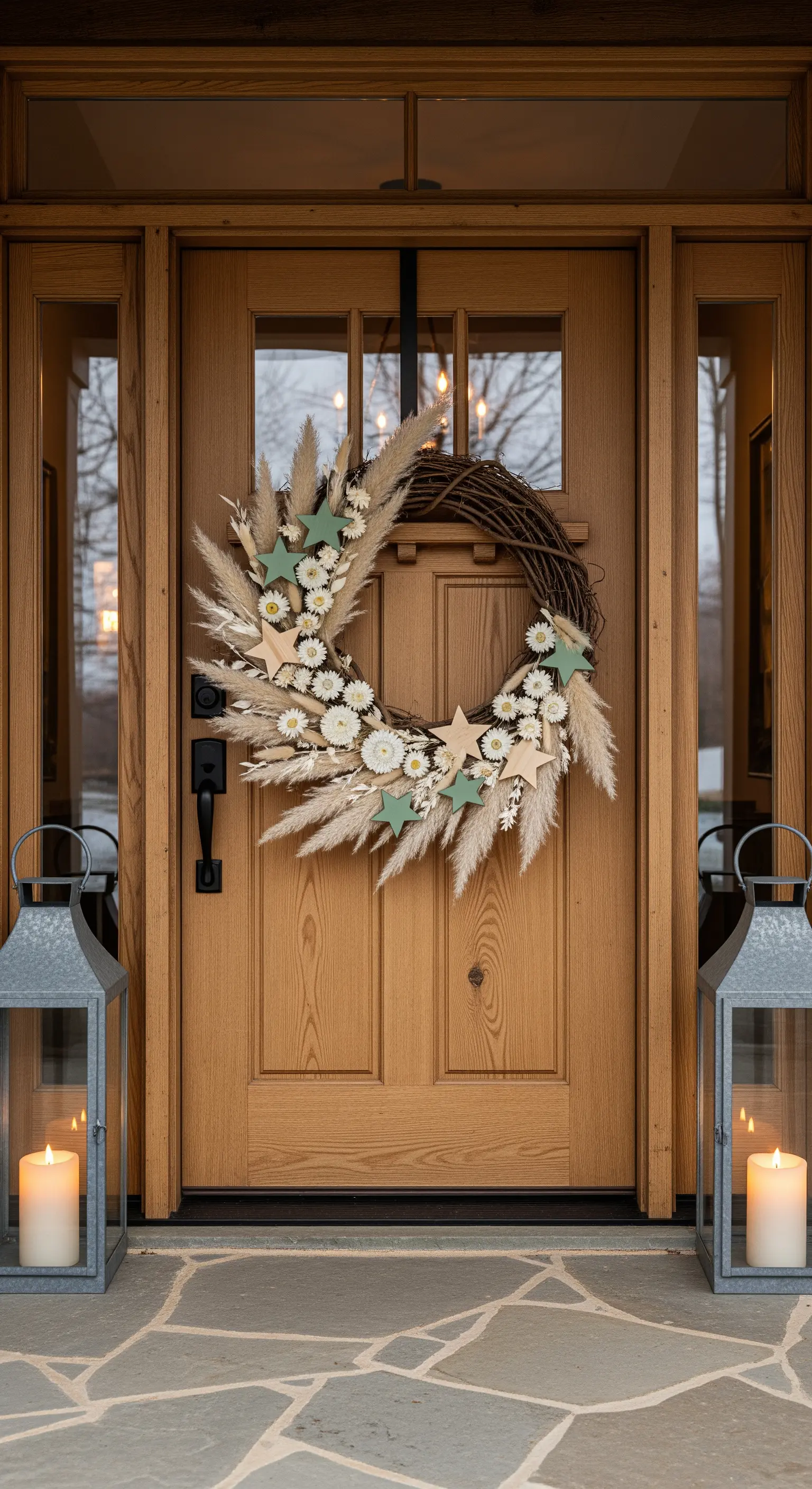 Türkranz aus Trockenblumen und Holzsternen an Holztür mit Laternen