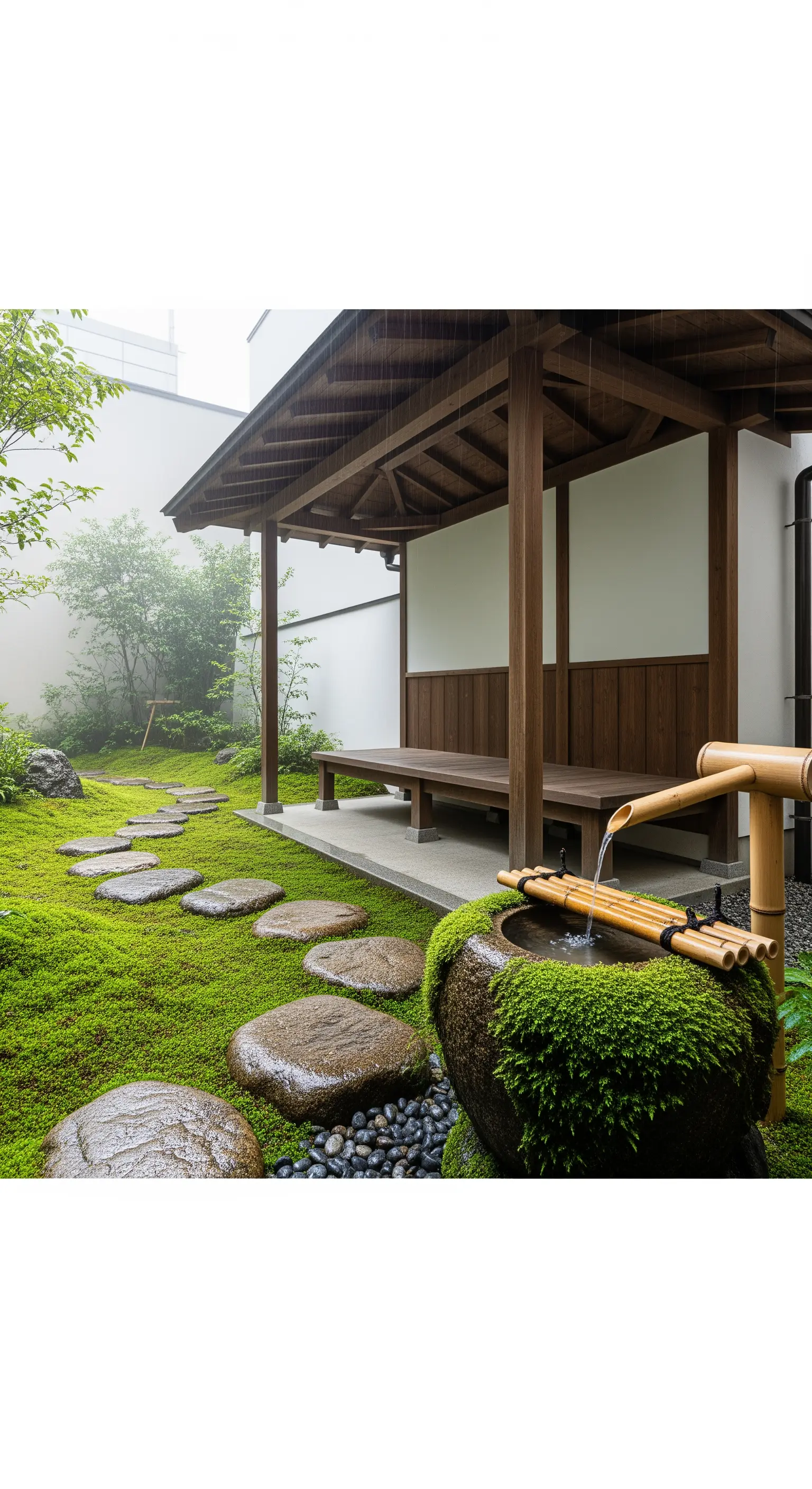 Moderner Holzpavillon mit Steinbecken und Moos