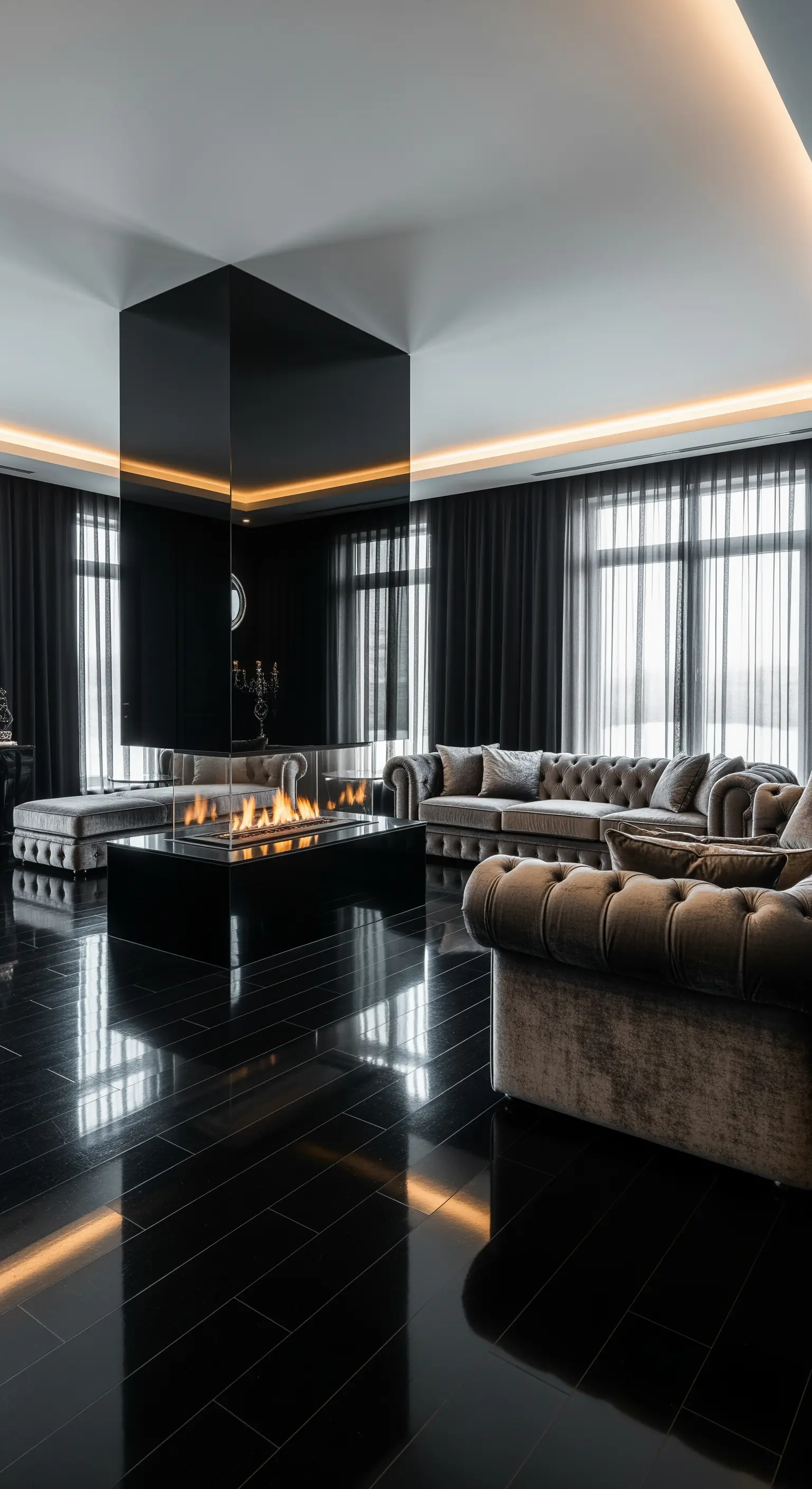 Schwarzer Glas-Kamin in luxuriösem Wohnzimmer