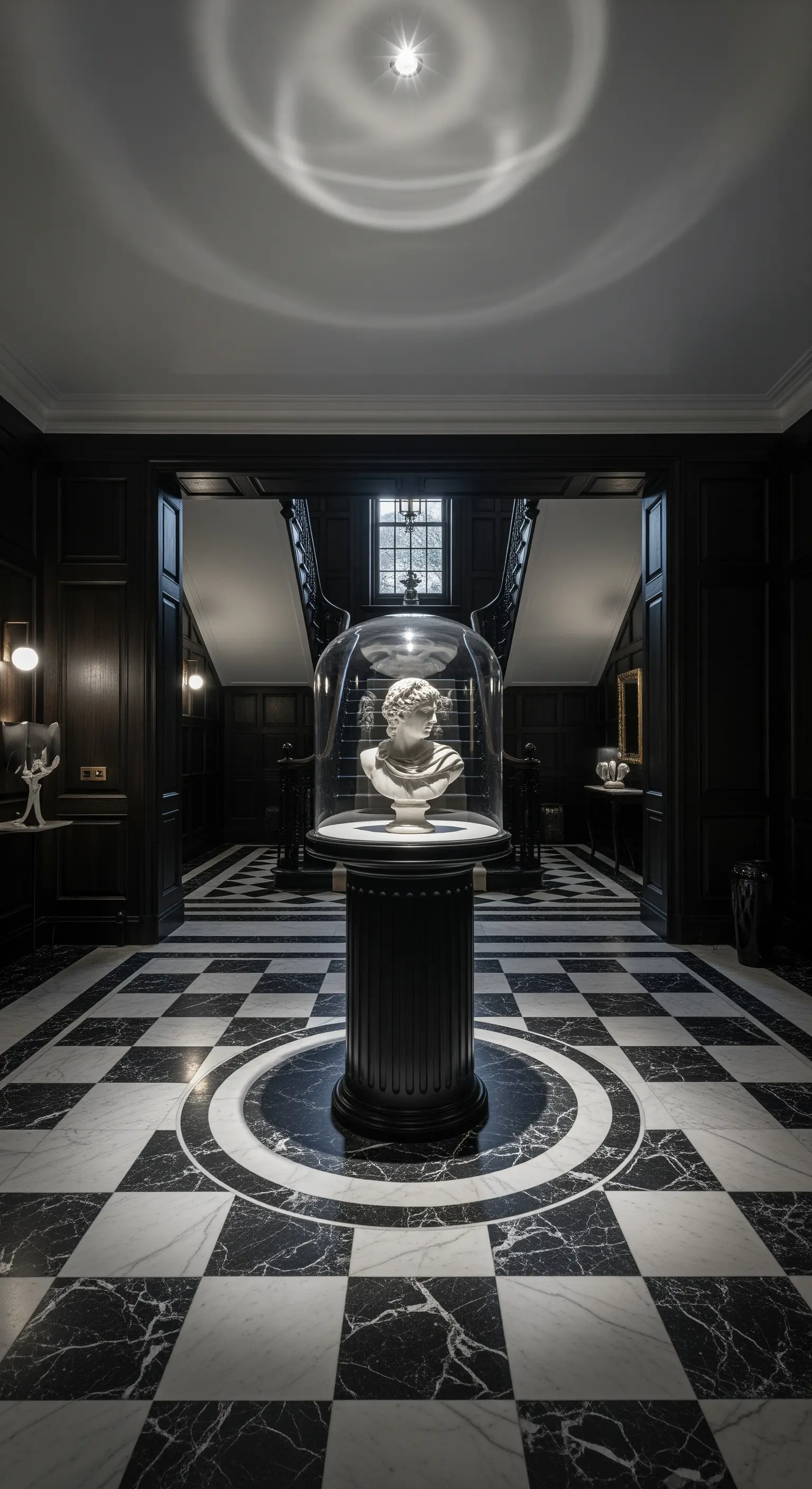 Marmorbüste unter Glaskuppel auf schwarzer Säule in einem klassischen Foyer