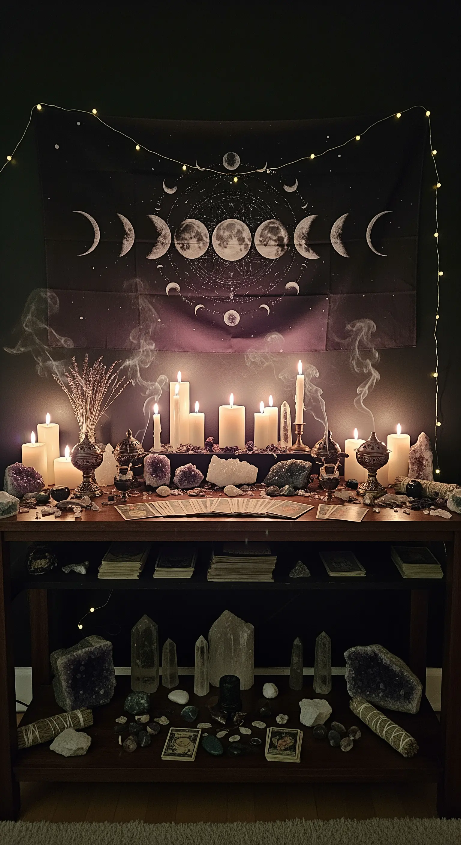 Spiritueller Altar mit Mondphasen-Tuch, Kerzen und Kristallen