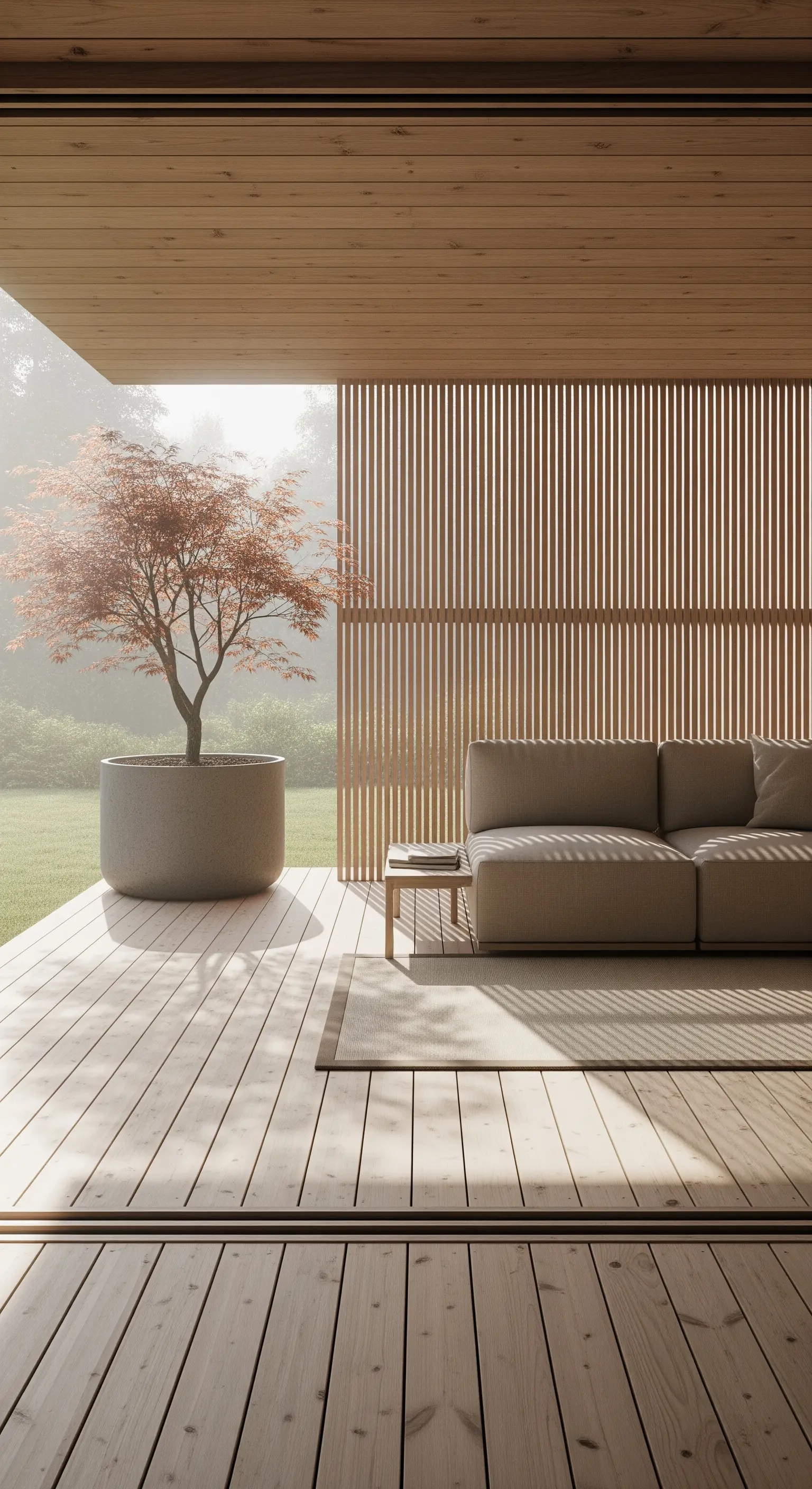 Japandi Terrasse mit hellem Holzdeck und minimalistischem Sofa