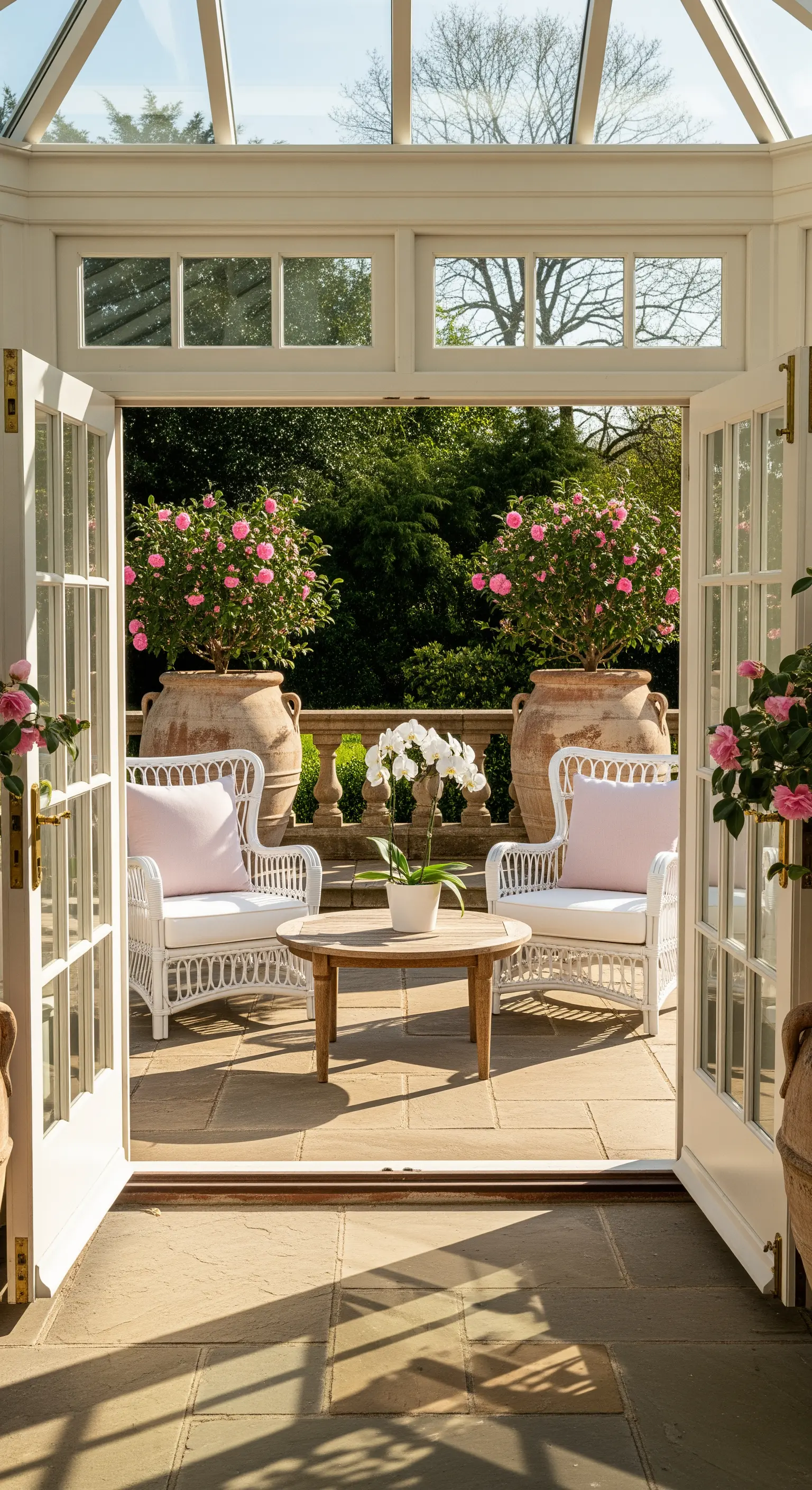 Blick aus dem Wintergarten auf rosa Büsche