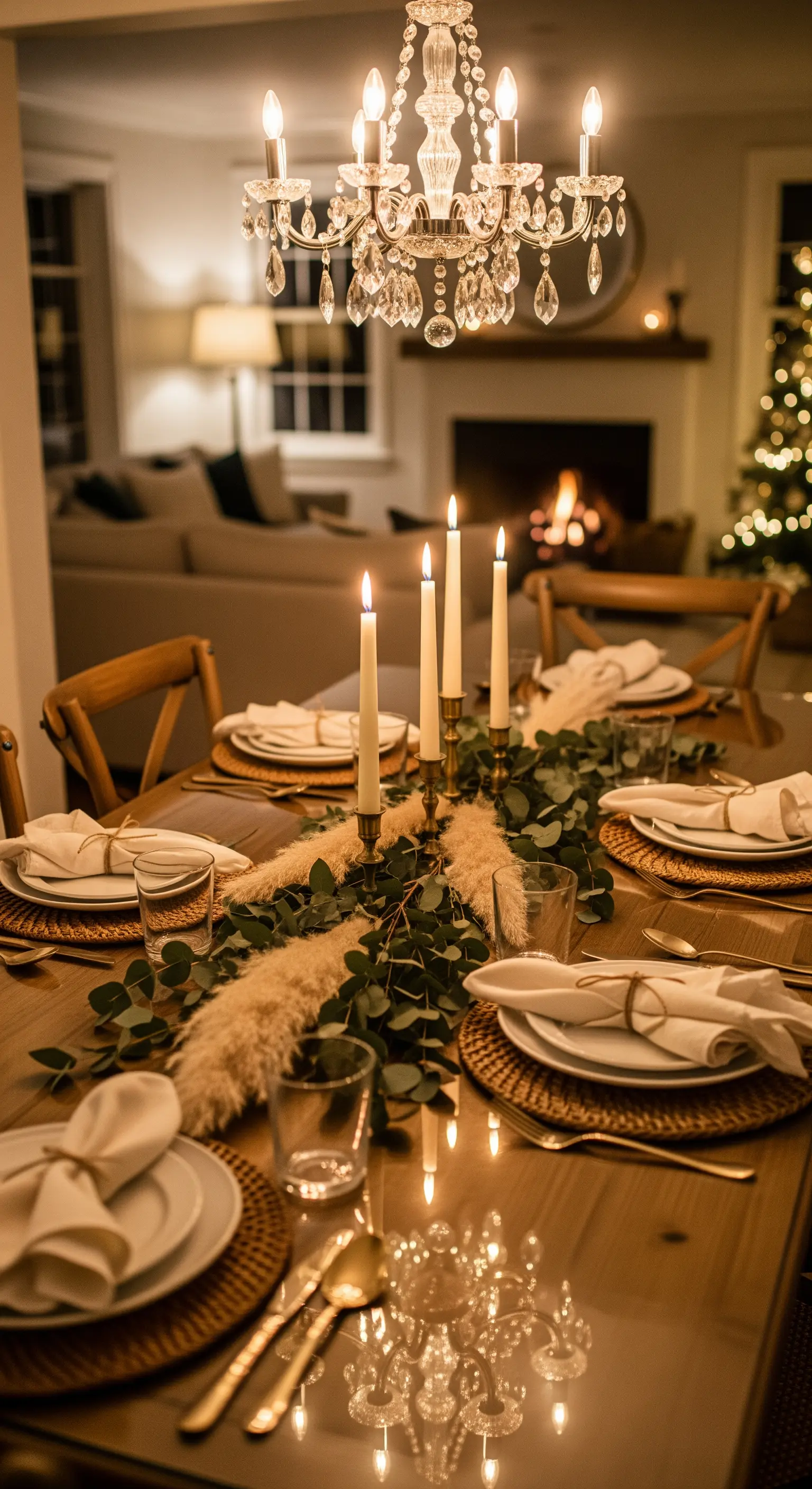 Esstisch mit Eukalyptus-Pampas-Läufer und Kristallkronleuchter