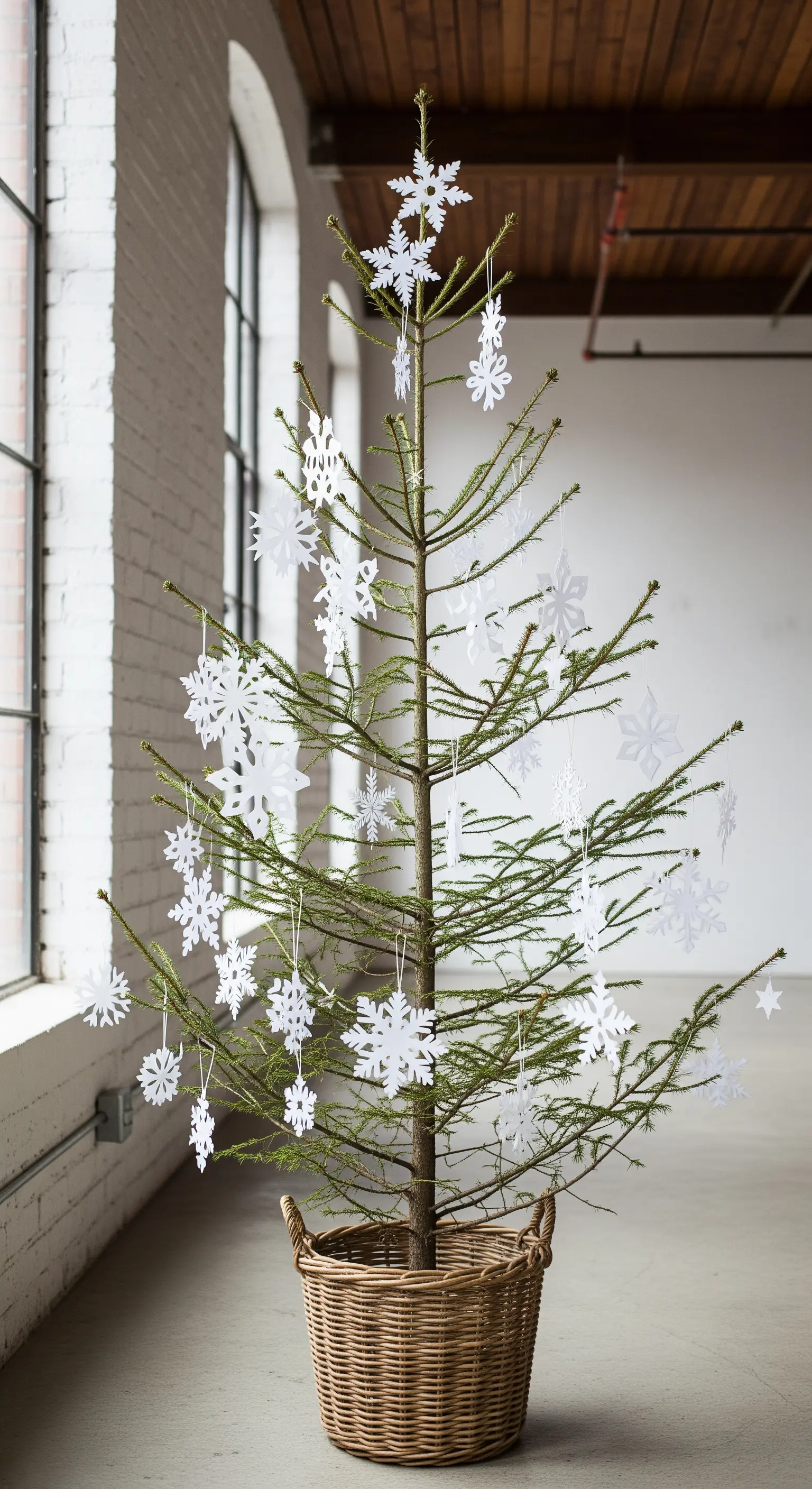 Kleines, spärliches Nadelbäumchen im Korb, dekoriert mit weißen Papier-Schneeflocken.
