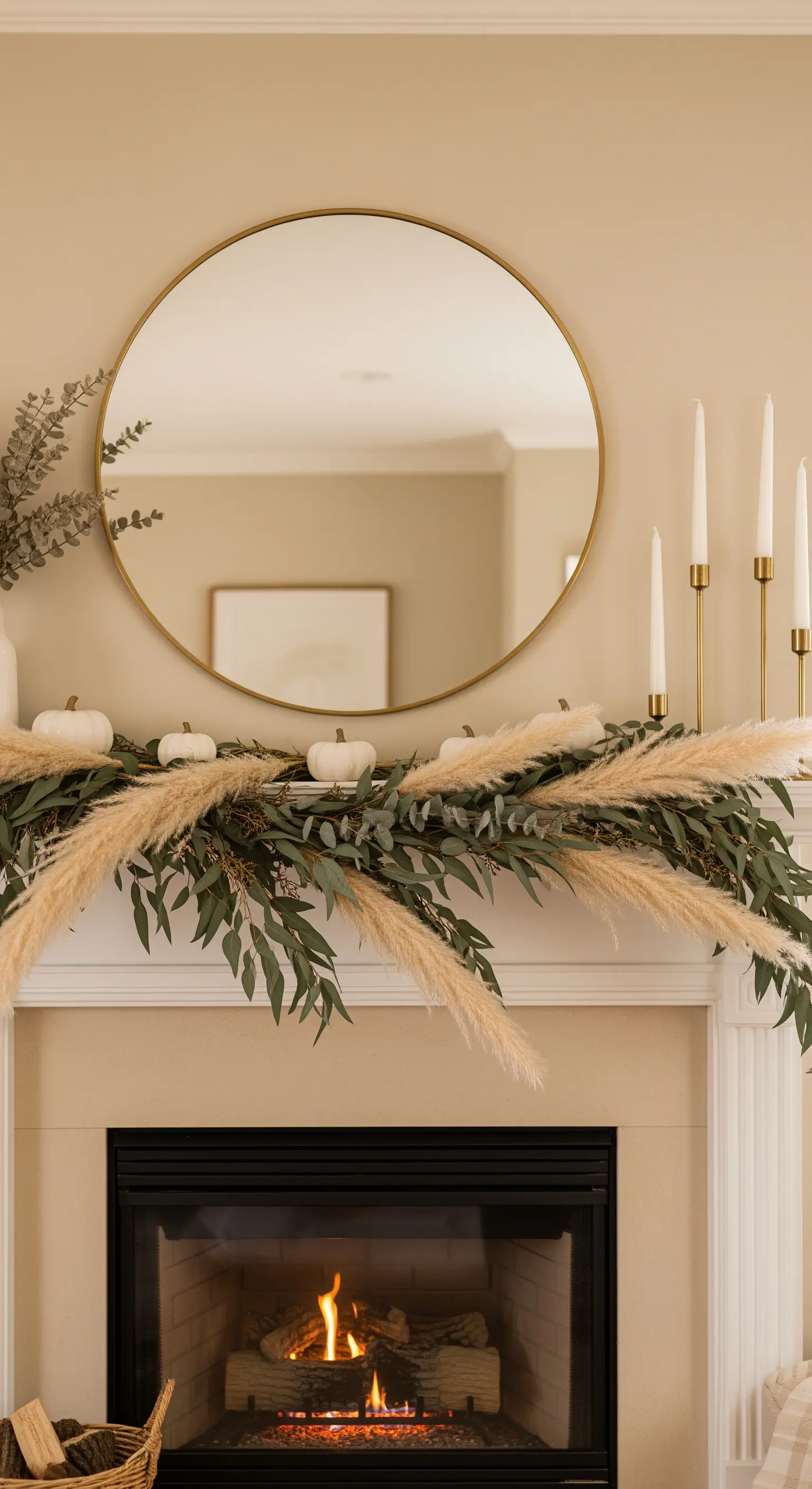 Kamin mit Eukalyptus-Pampas-Girlande