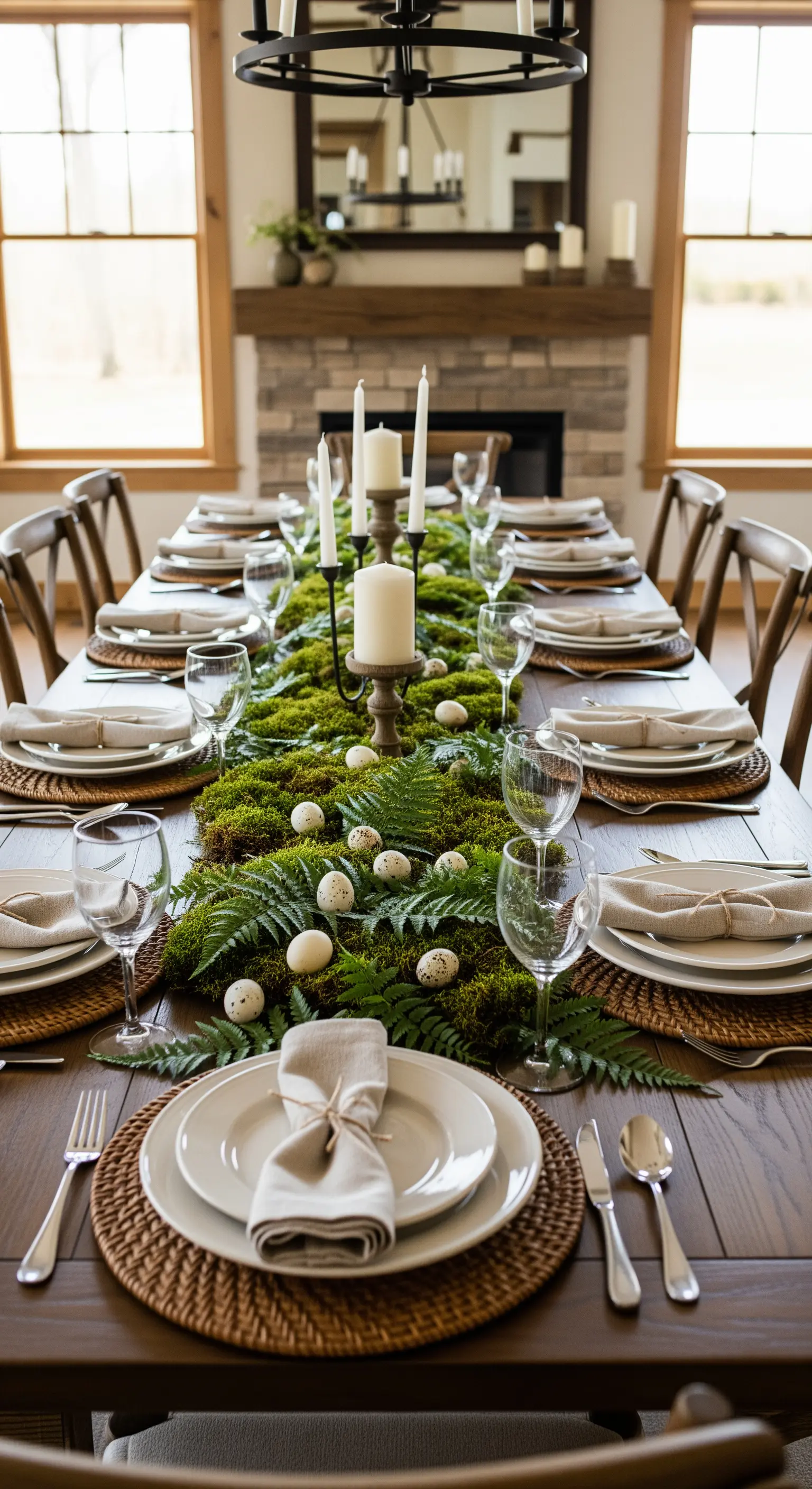 Langer Holztisch mit Moos-Läufer, weißen Stumpenkerzen und Farnwedeln als Osterdeko