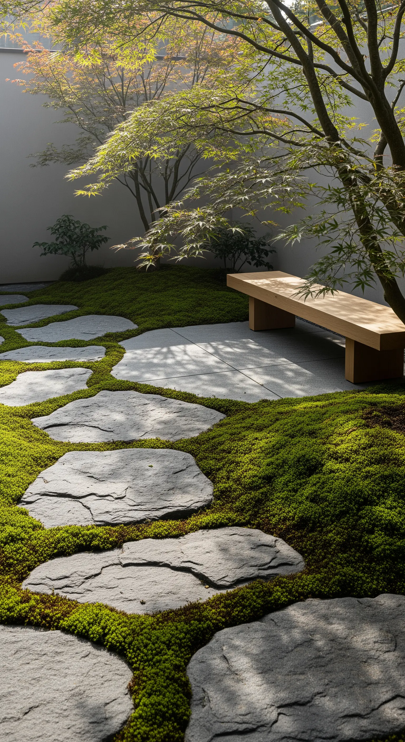 Geschwungener Natursteinweg mit dichtem Moosbewuchs im Japandi Garten