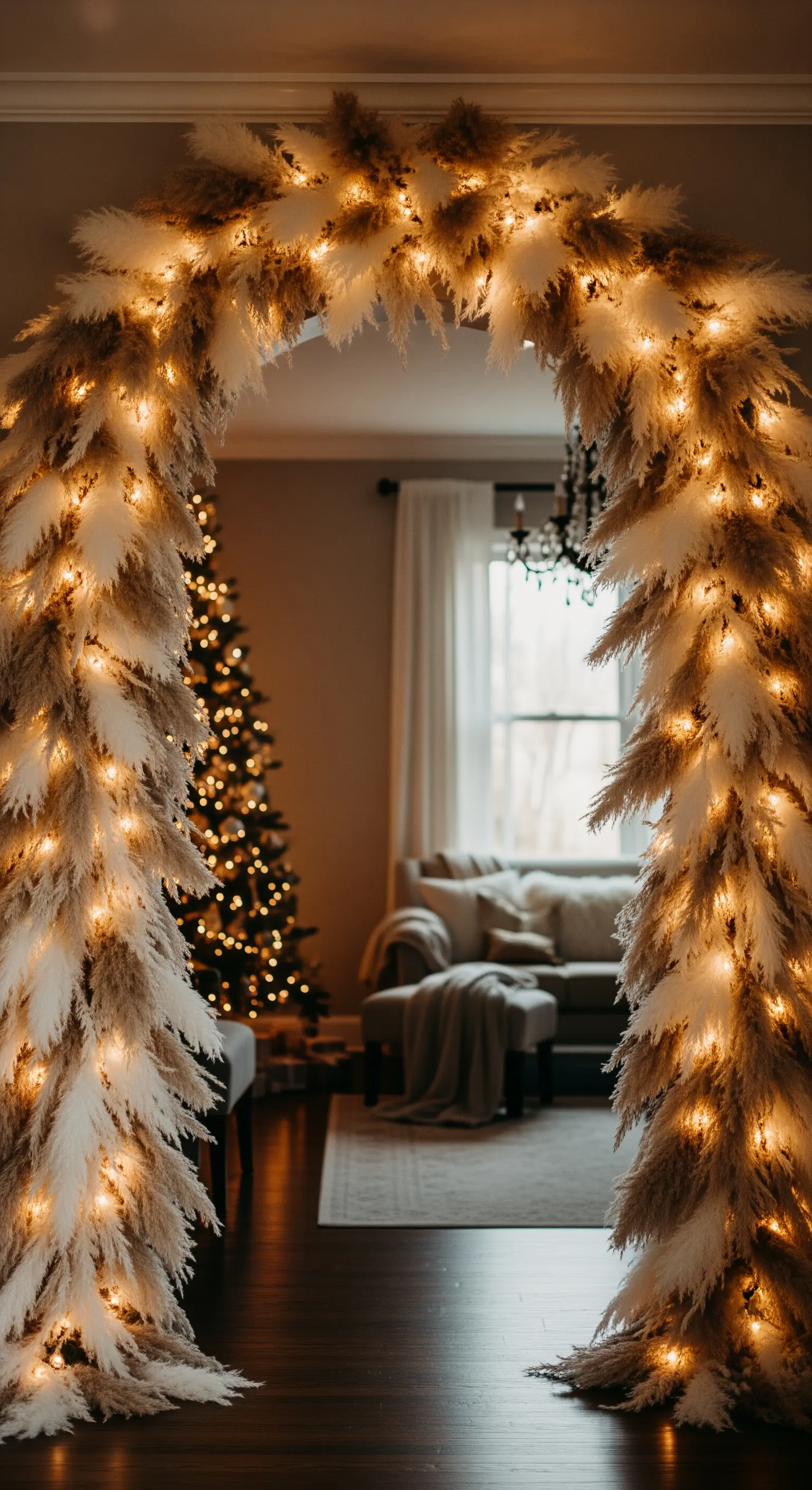 Großer Torbogen komplett aus beleuchtetem Pampasgras geformt