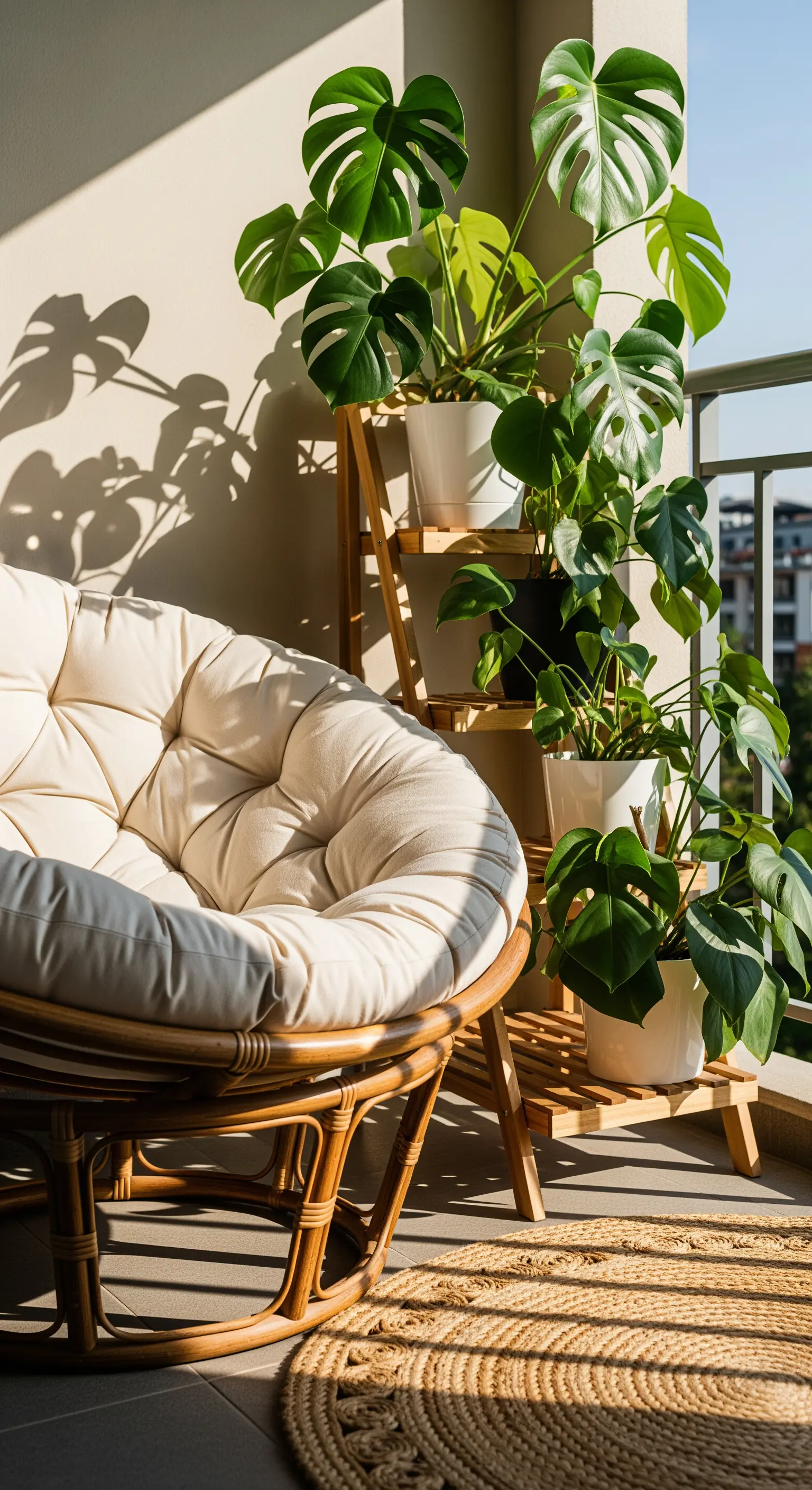 Papasan-Sessel mit cremefarbenem Polster neben einem Pflanzenregal in der Sonne