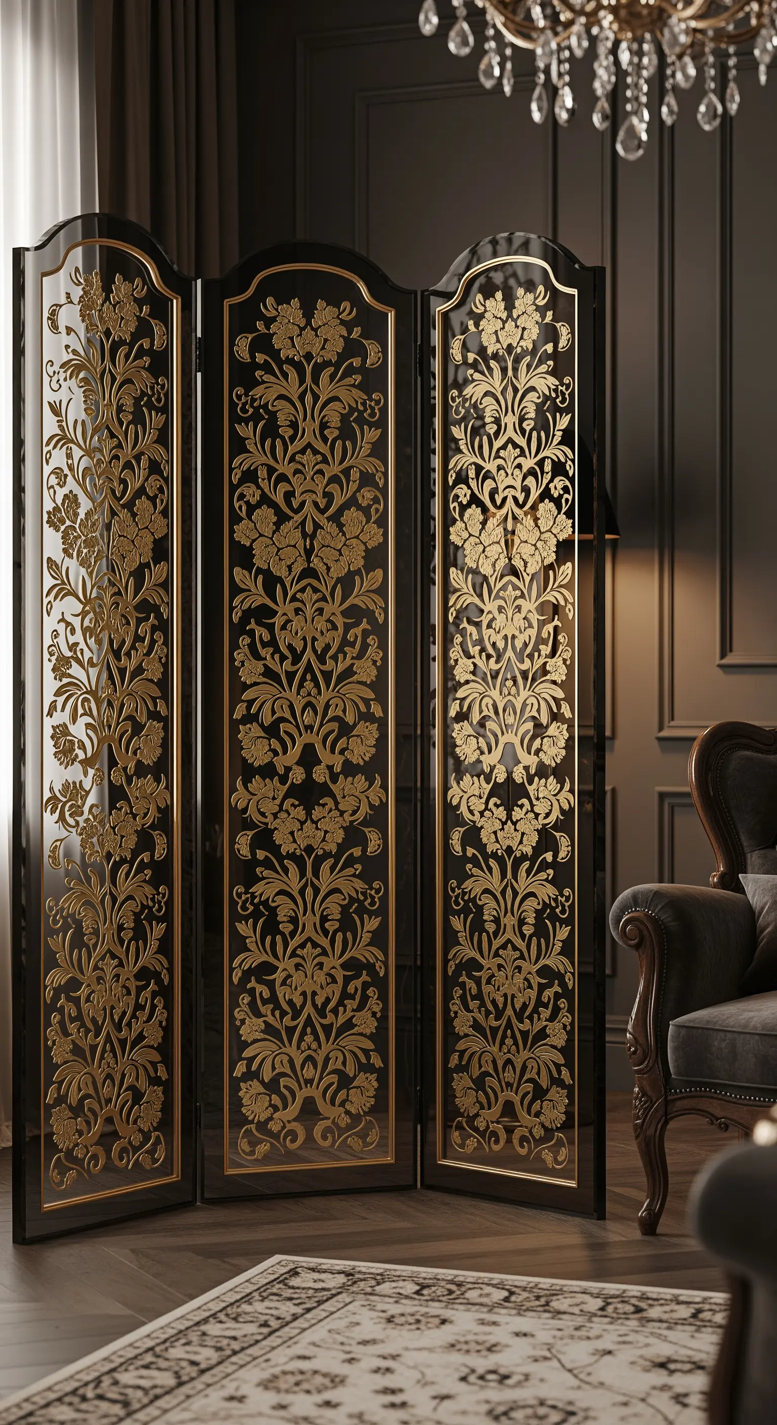 Paravent mit goldenem Blumenmuster