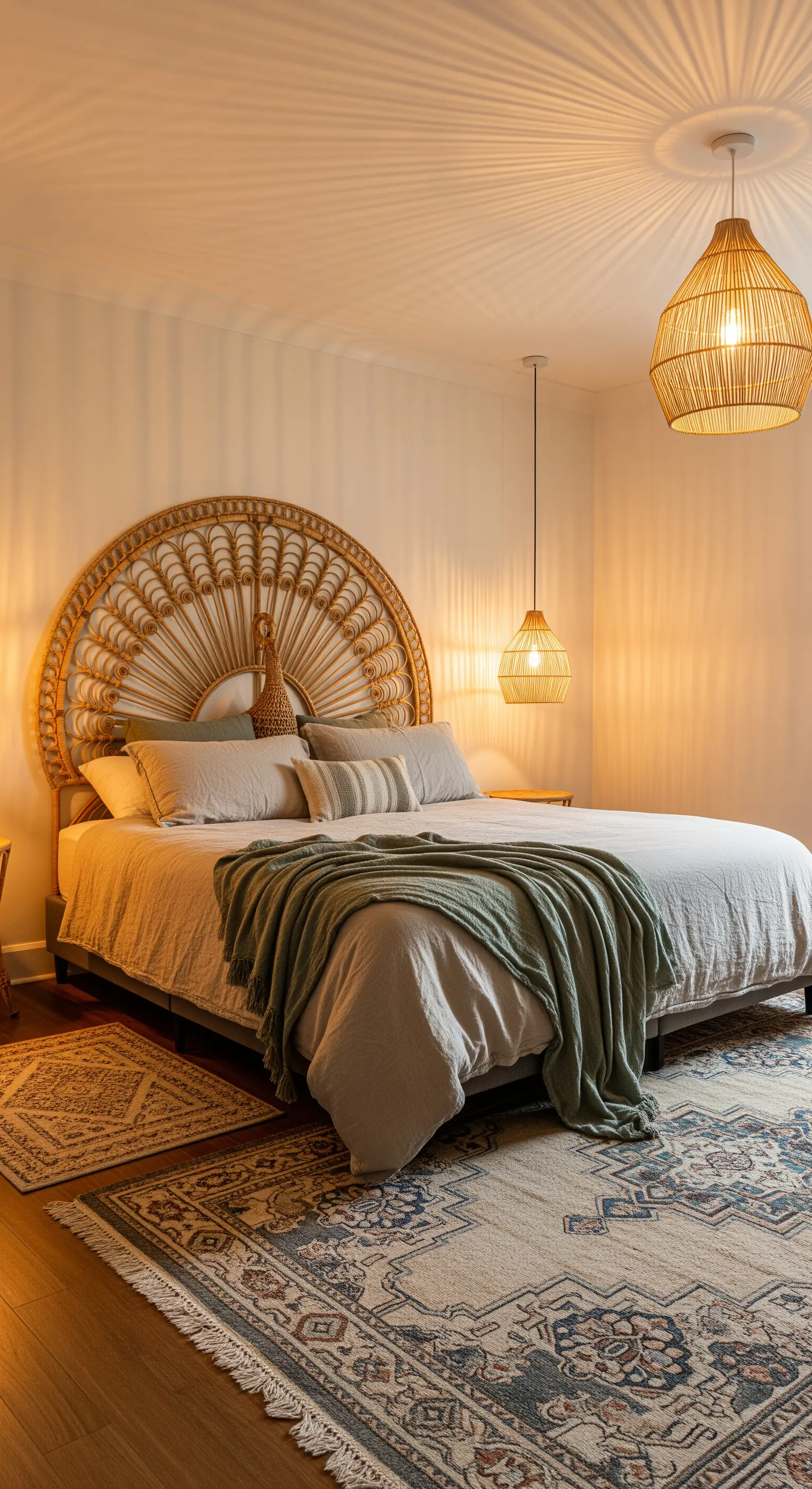 Rattan Pfauen-Kopfteil Boho Schlafzimmer