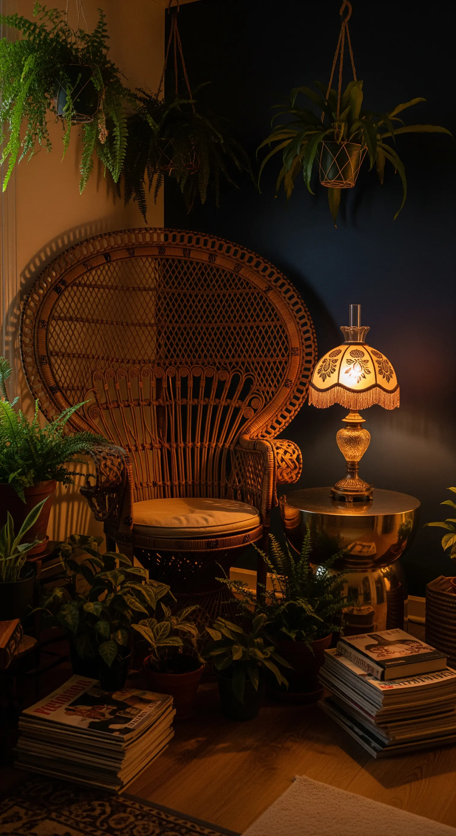 Großer Rattan-Pfauensessel vor dunkler Wand mit Vintage-Lampe