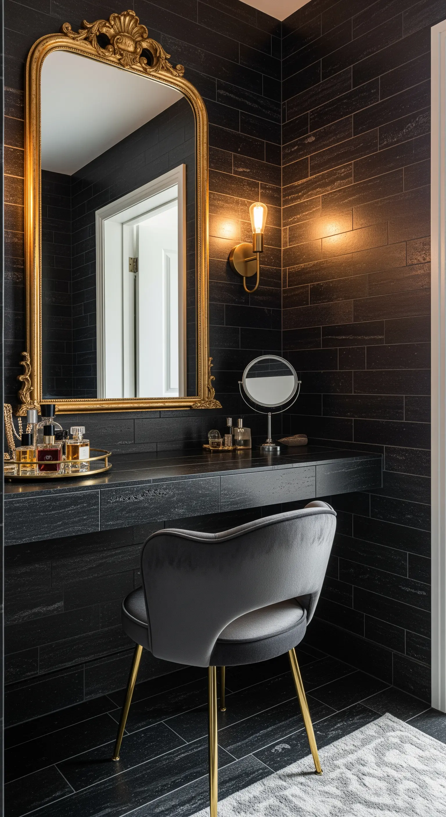 Schminktisch vor schwarzer Wand mit goldenem Barockspiegel
