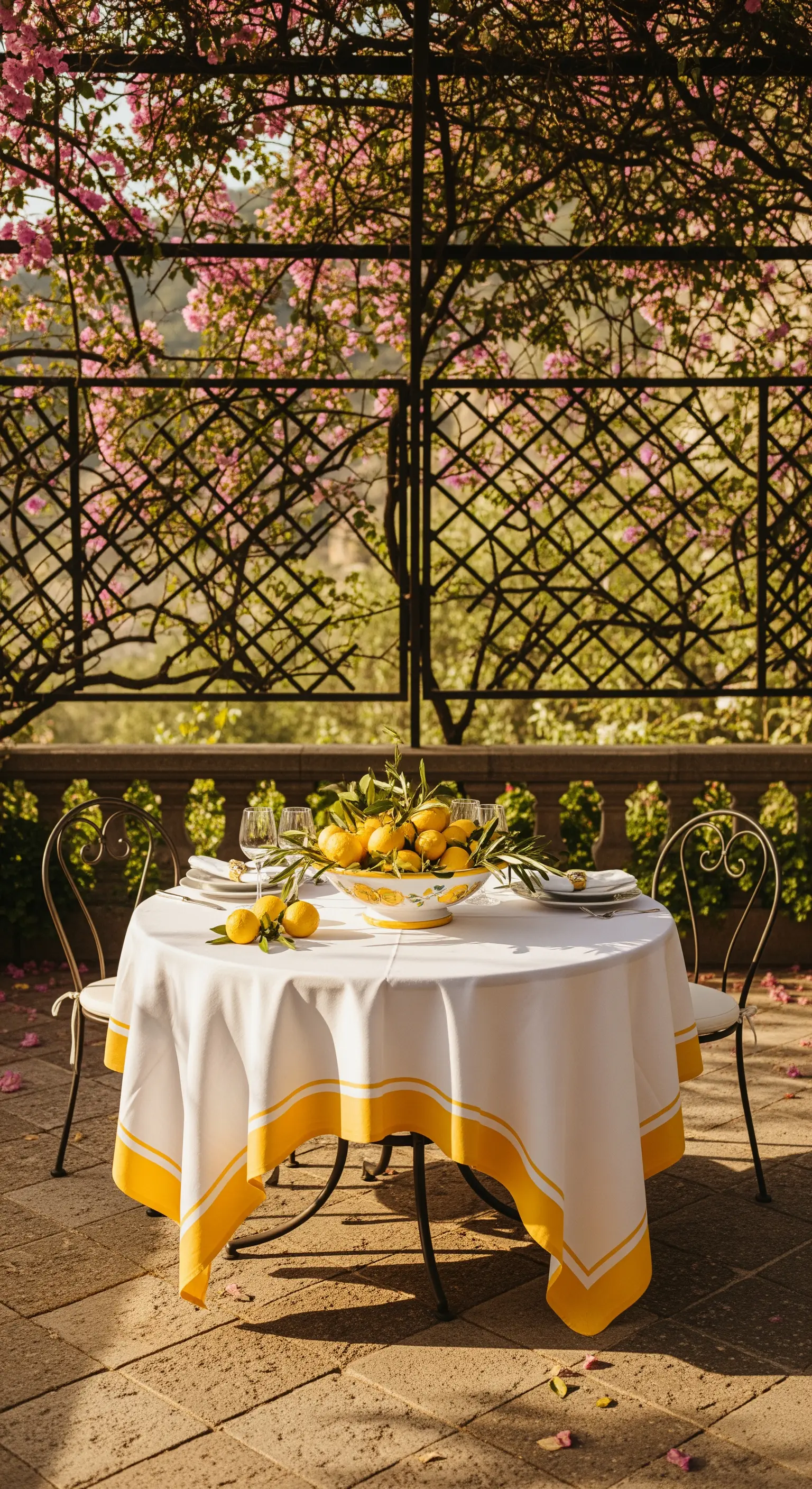 Tischdecke mit gelbem Rand und Zitronenschale im Garten