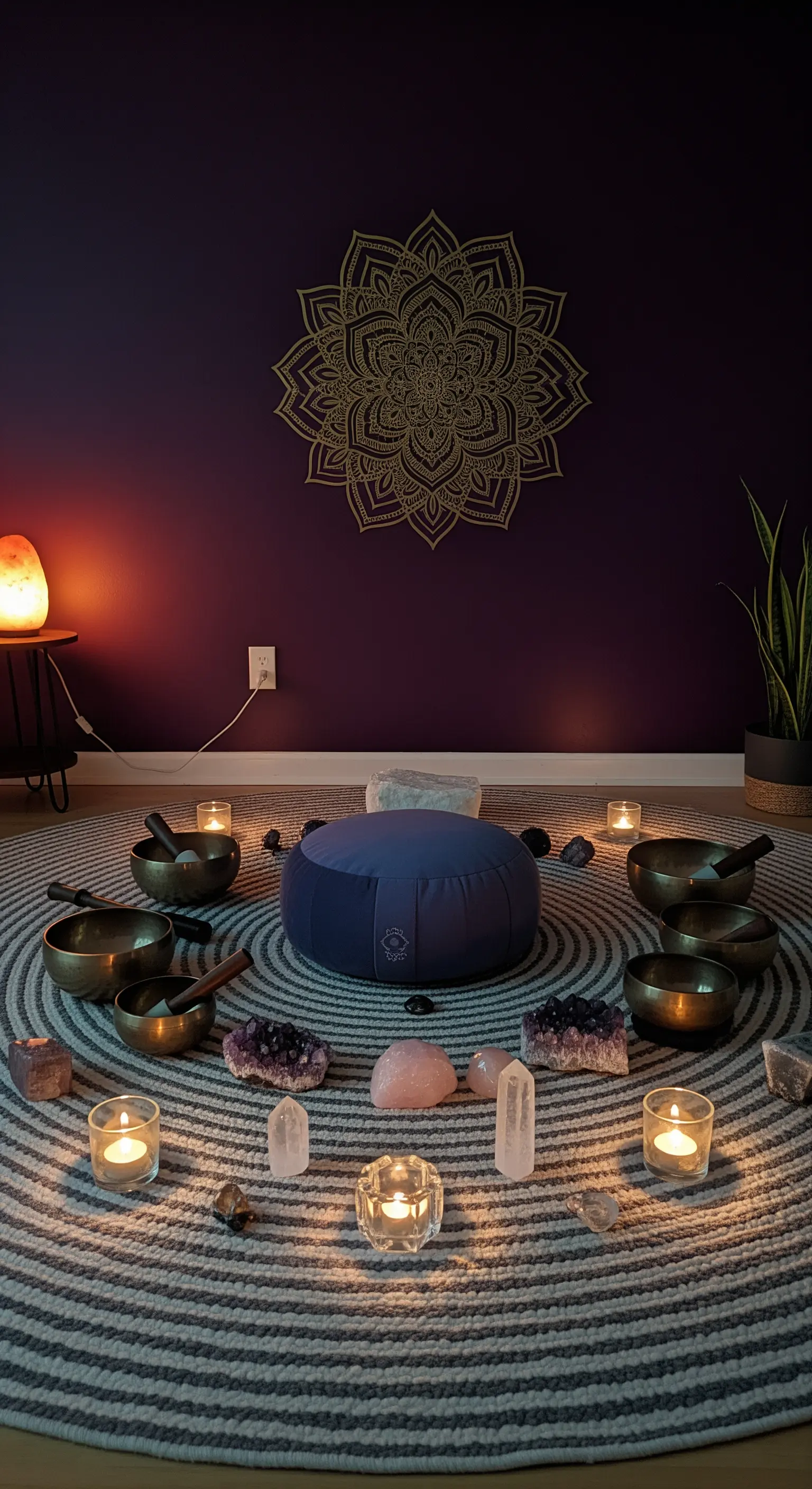 Meditationsraum mit Klangschalen, Mandala und Kerzenkreis