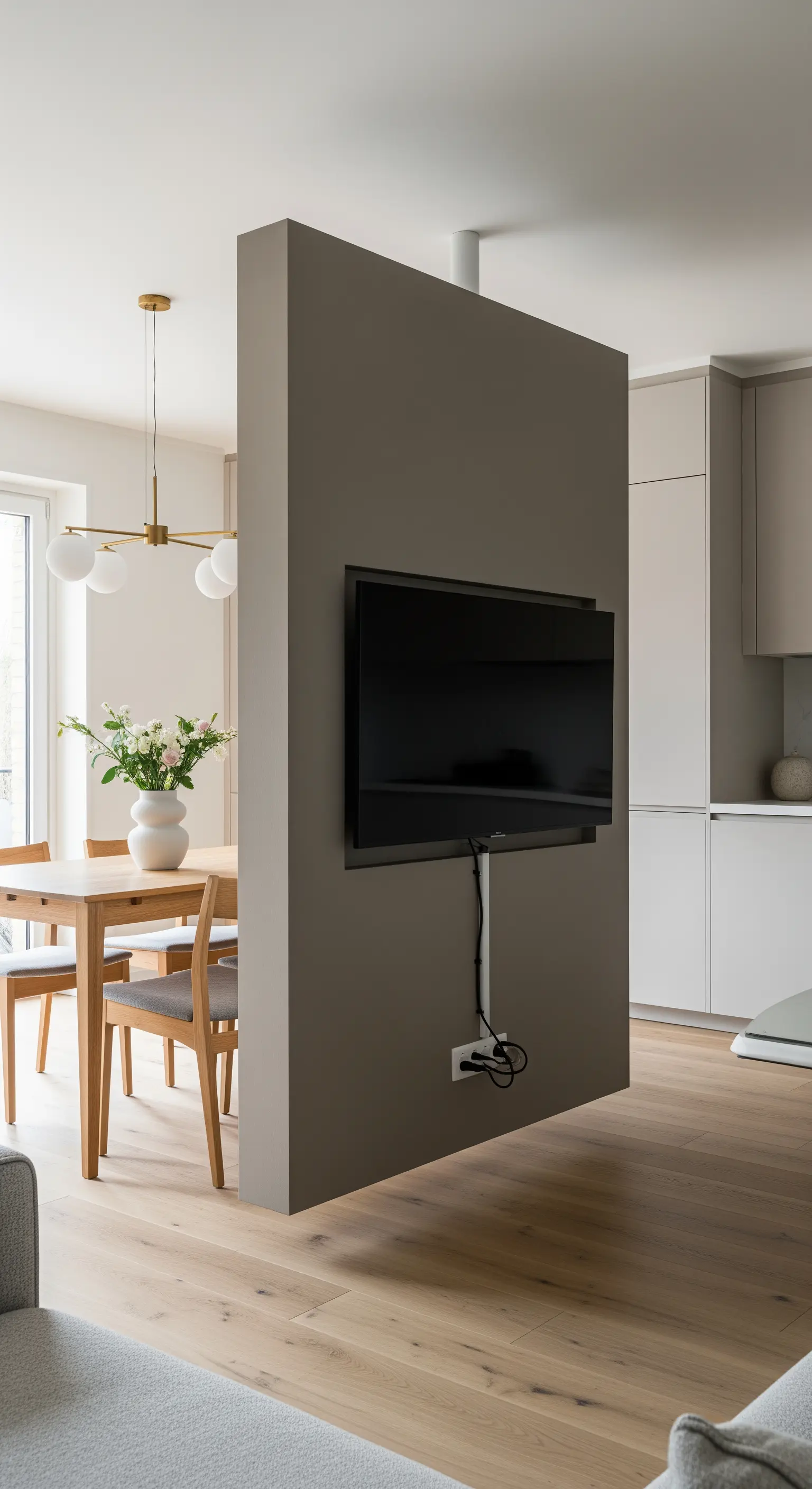 Freistehender grauer Raumteiler mit TV